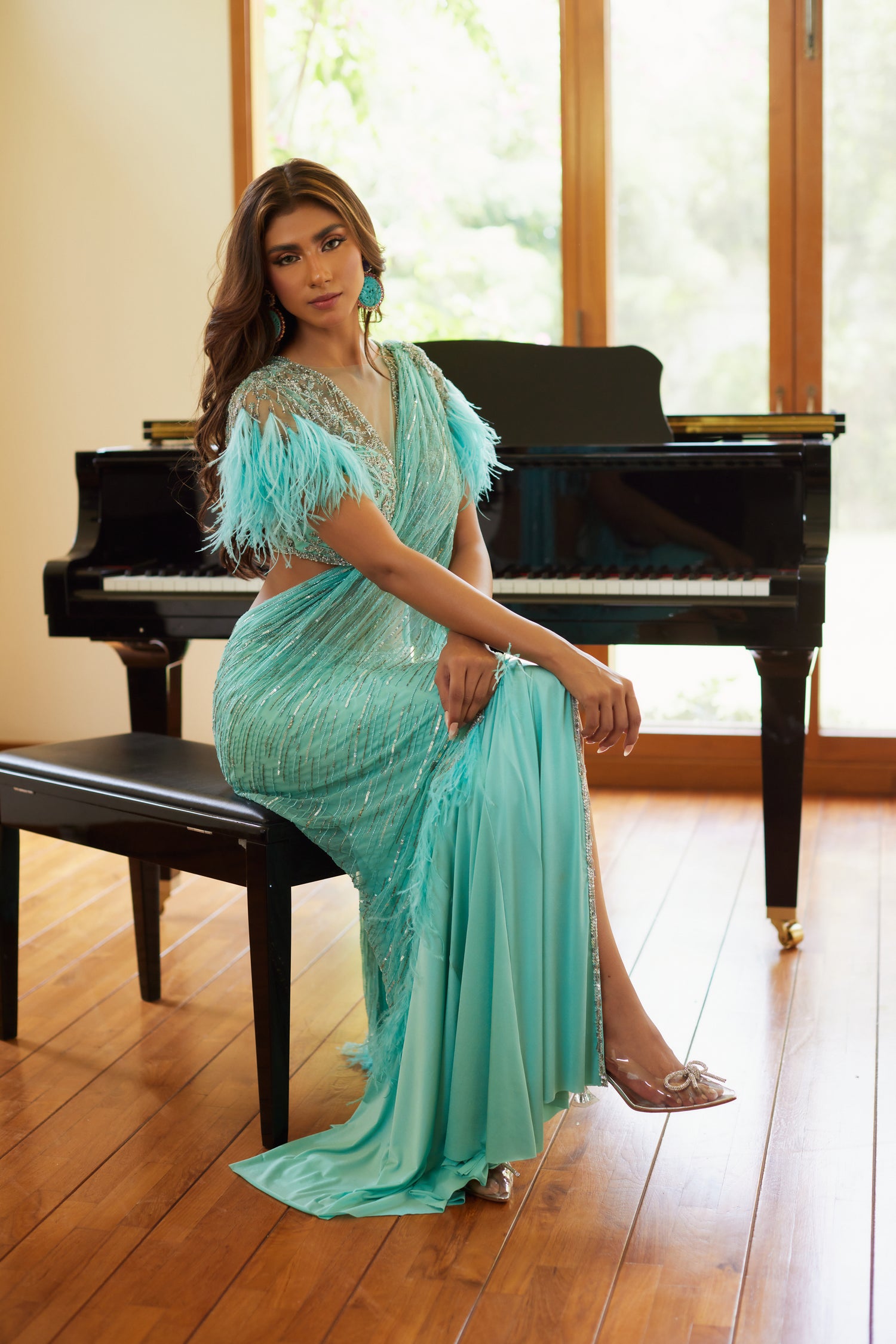 Turquoise Feather Saree