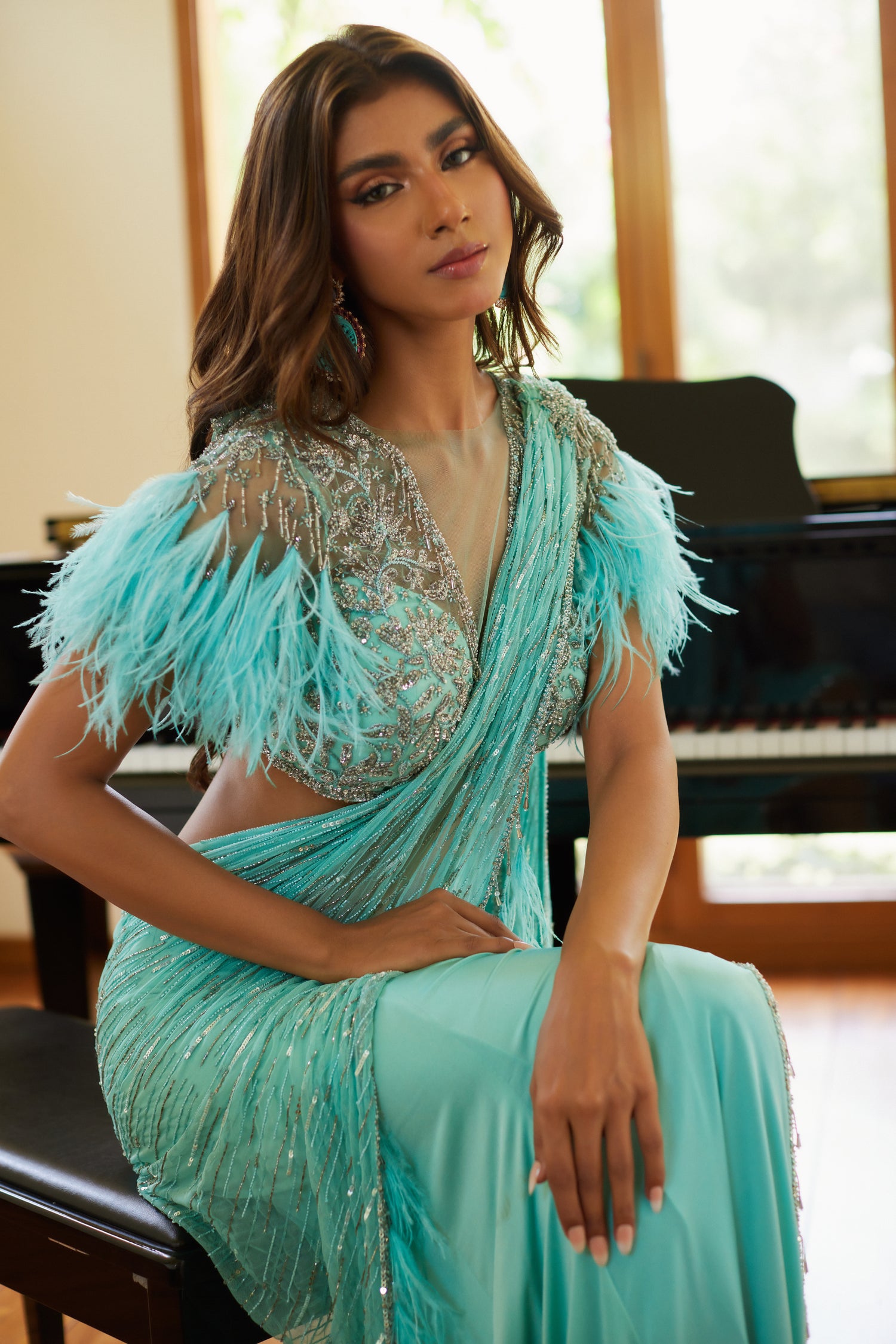 Turquoise Feather Saree