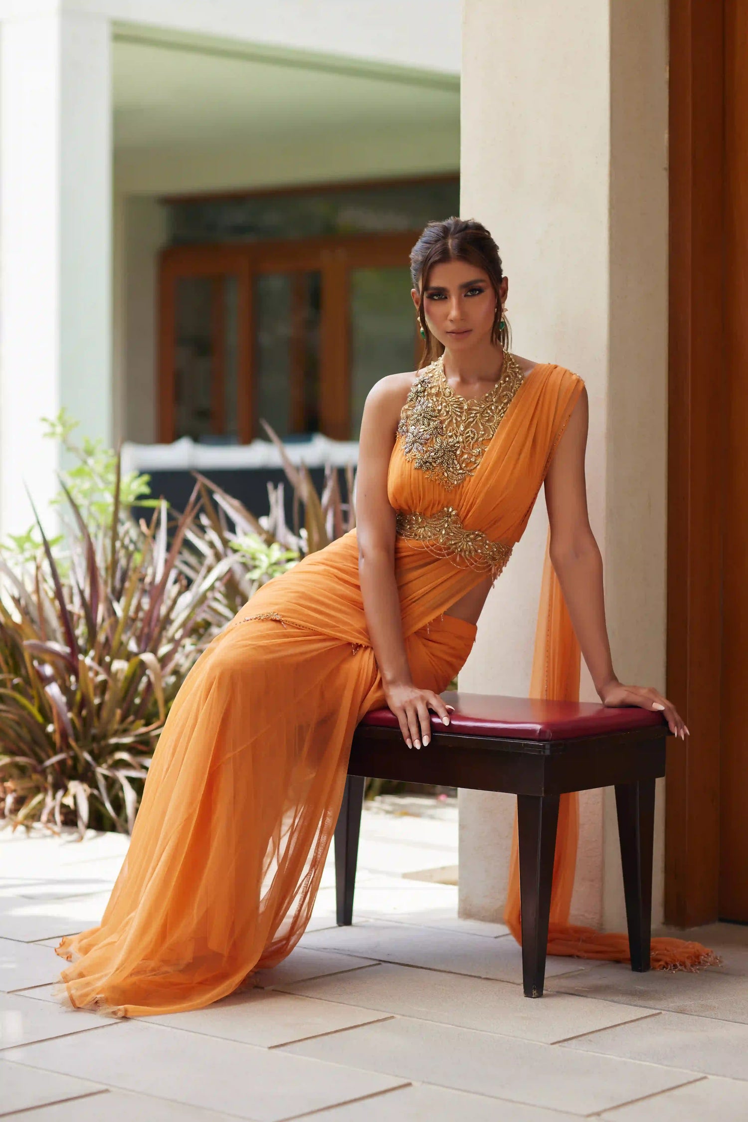 Rush Orange Tulle Saree
