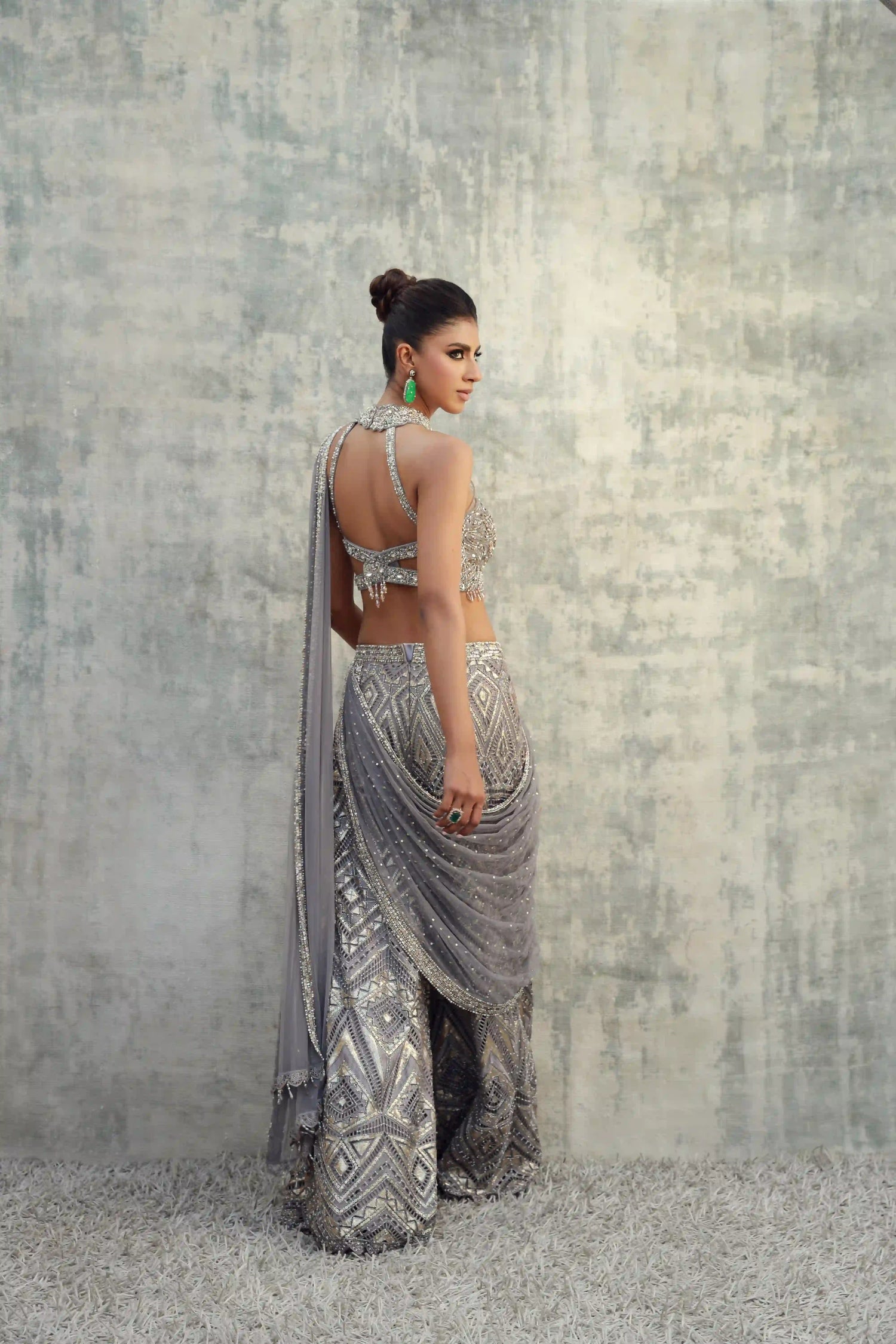 Antique Grey Cutwork Pant Saree