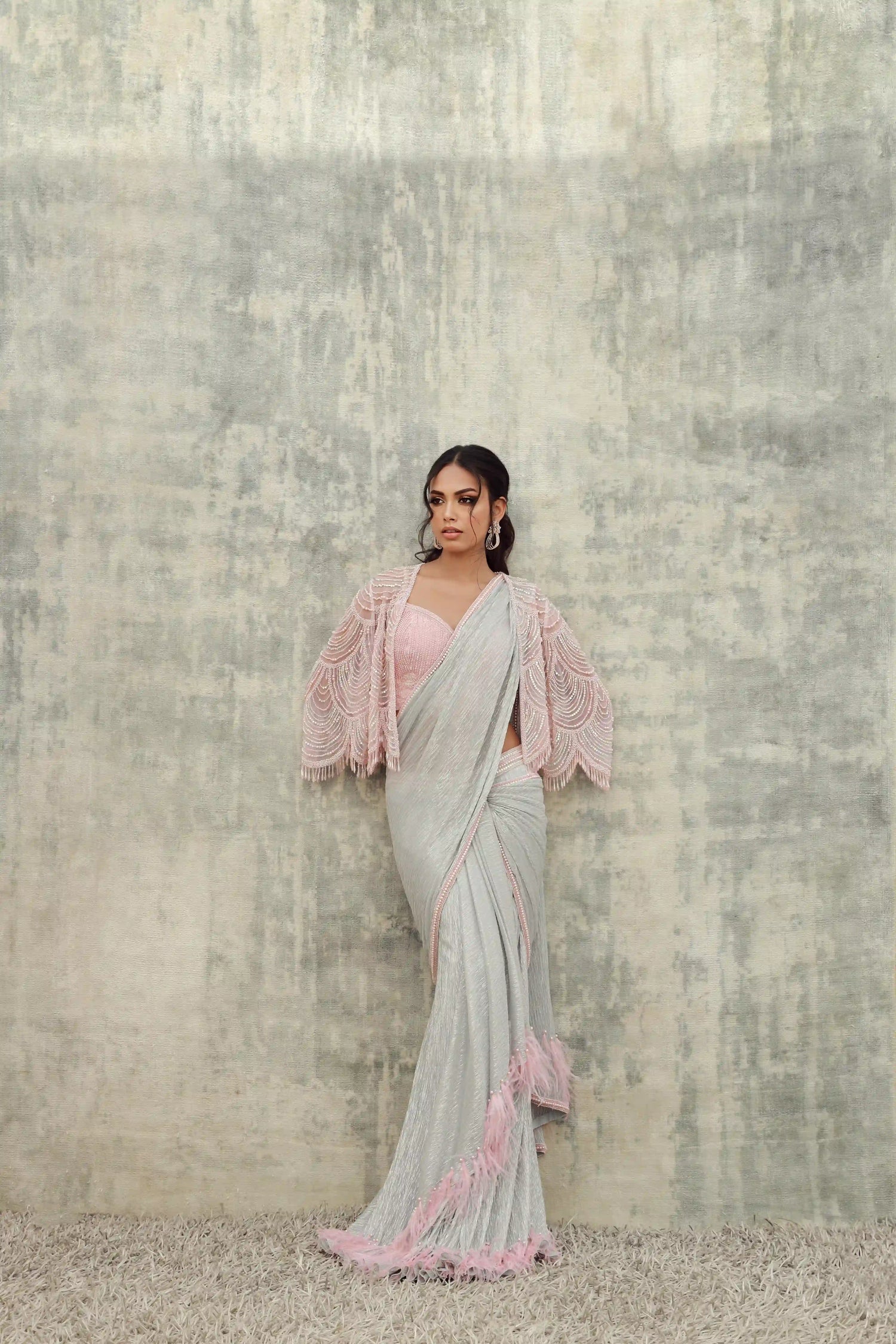 Shimmer Grey Saree with Pink Cape