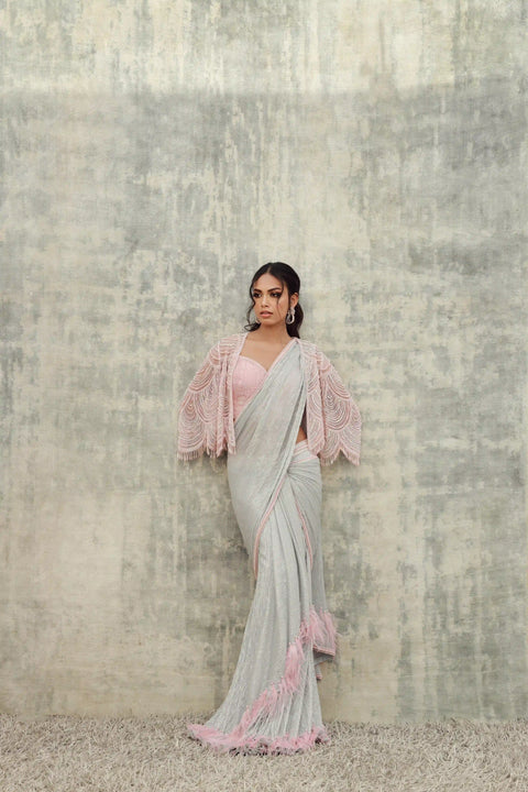 Shimmer Grey Saree with Pink Cape