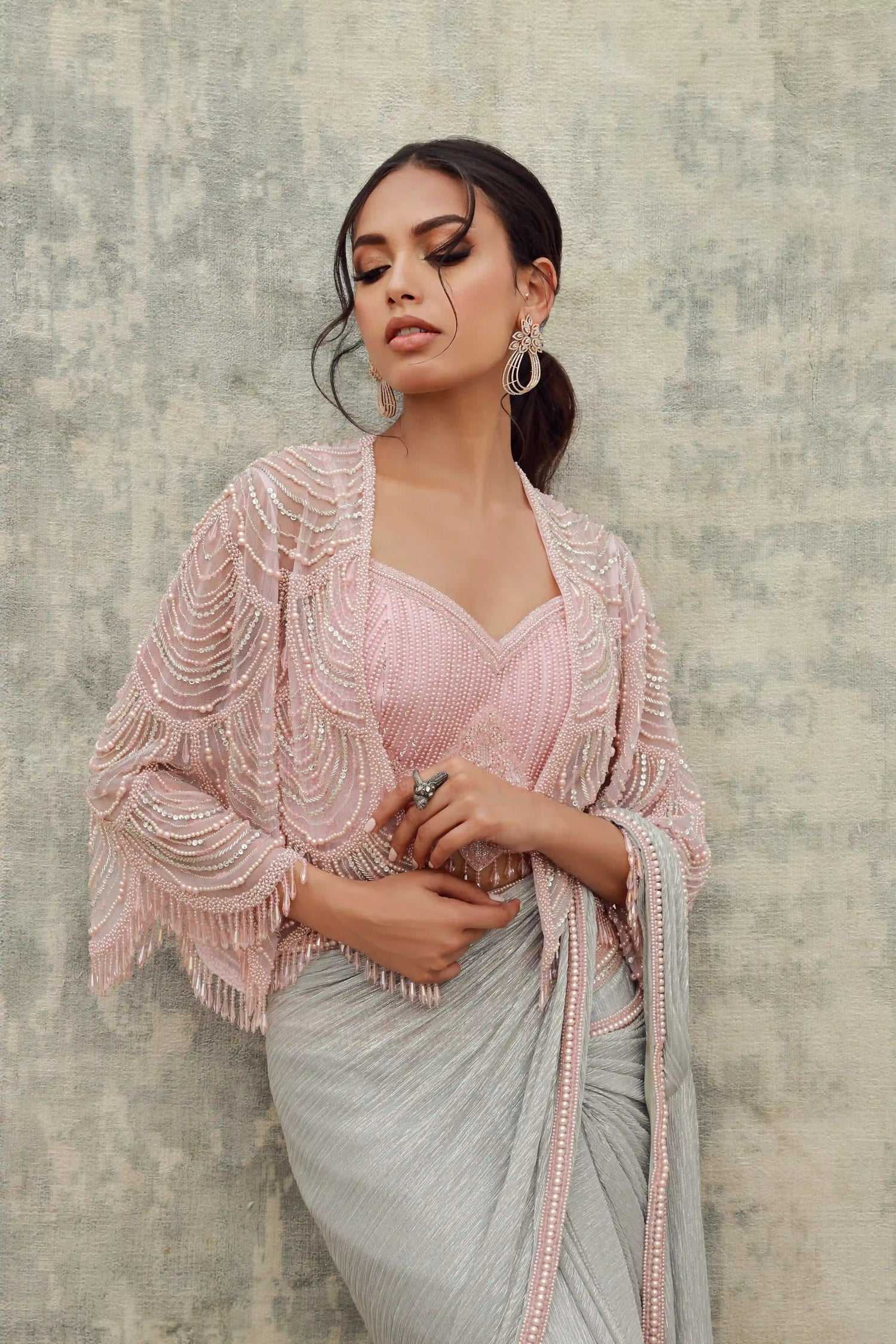 Shimmer Grey Saree with Pink Cape