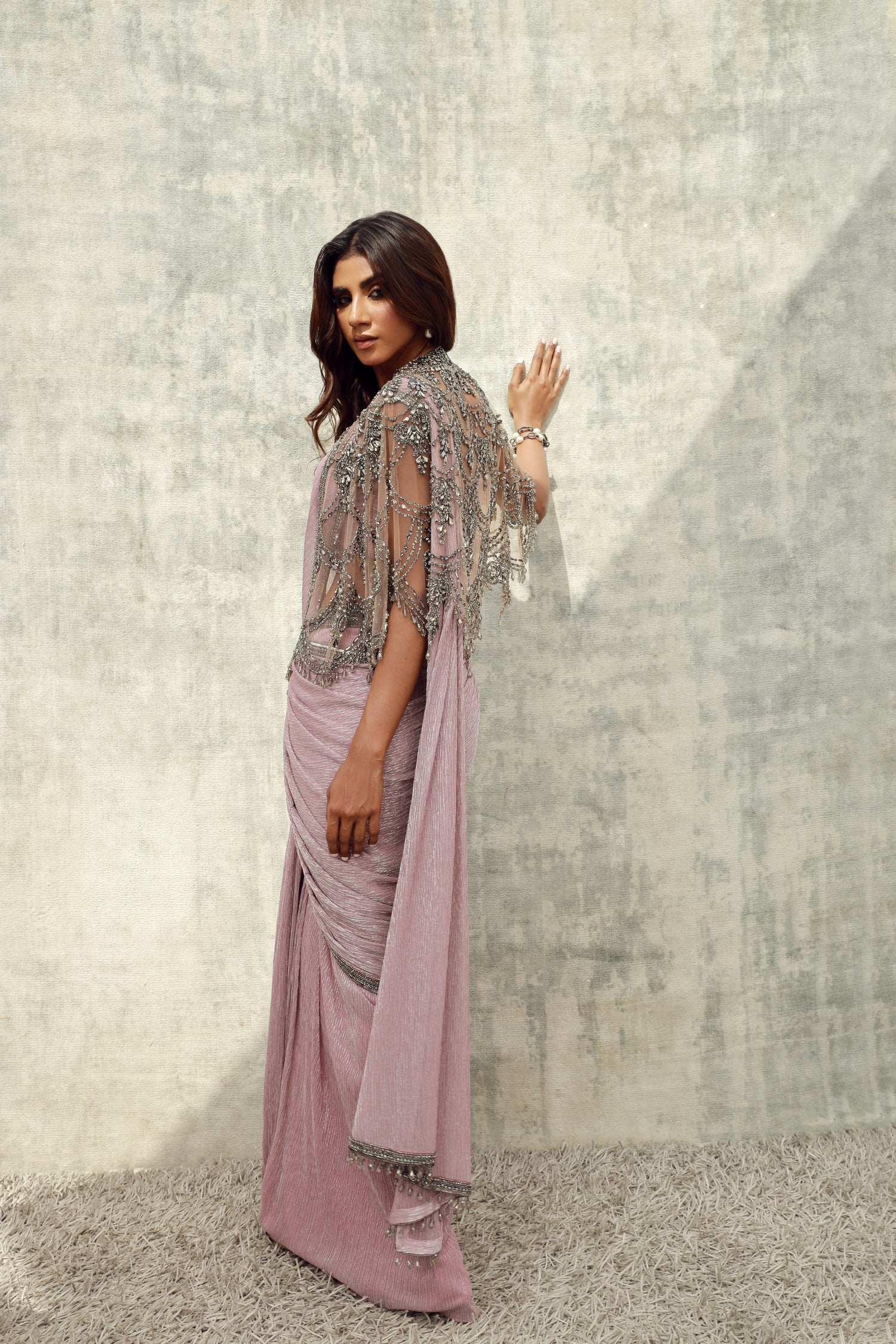 Onion Pink Shimmer Saree with Antique Silver Cape