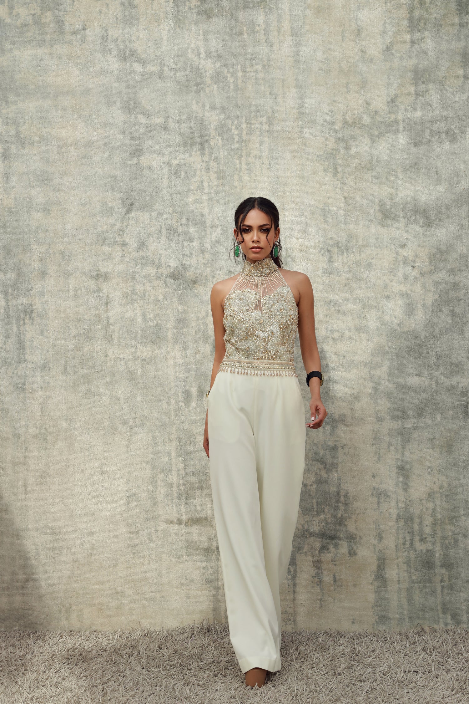Cream high collar topaz and silver Swarovski crystal jumpsuit