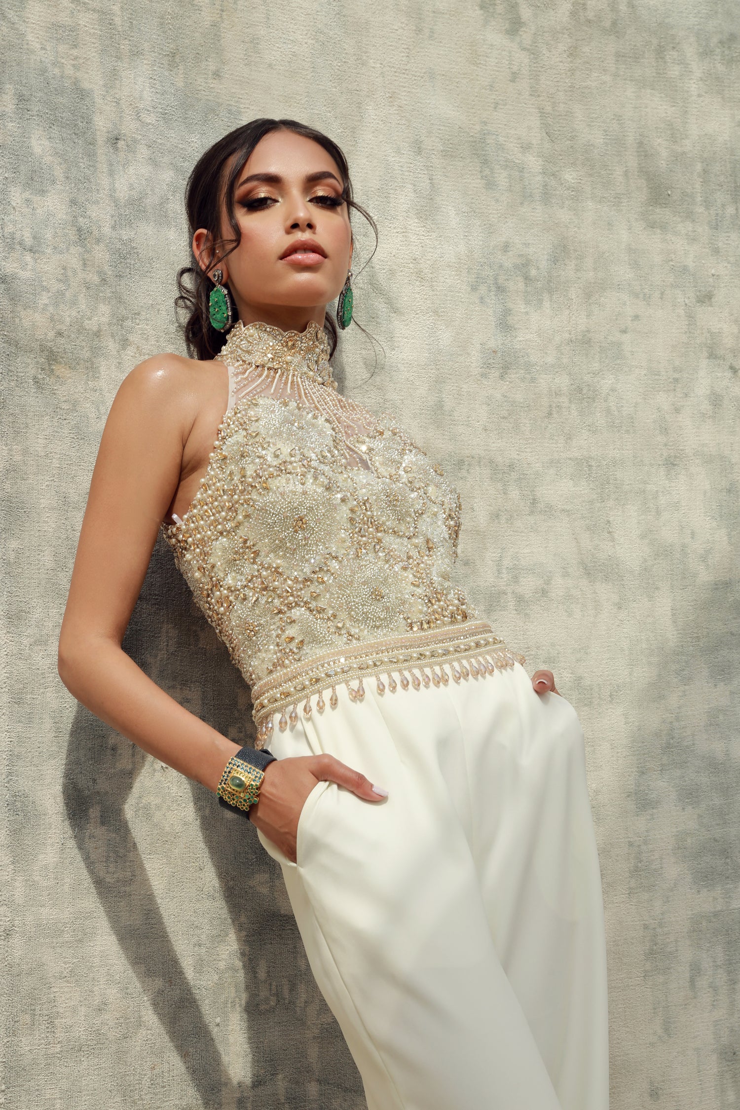 Cream high collar topaz and silver Swarovski crystal jumpsuit