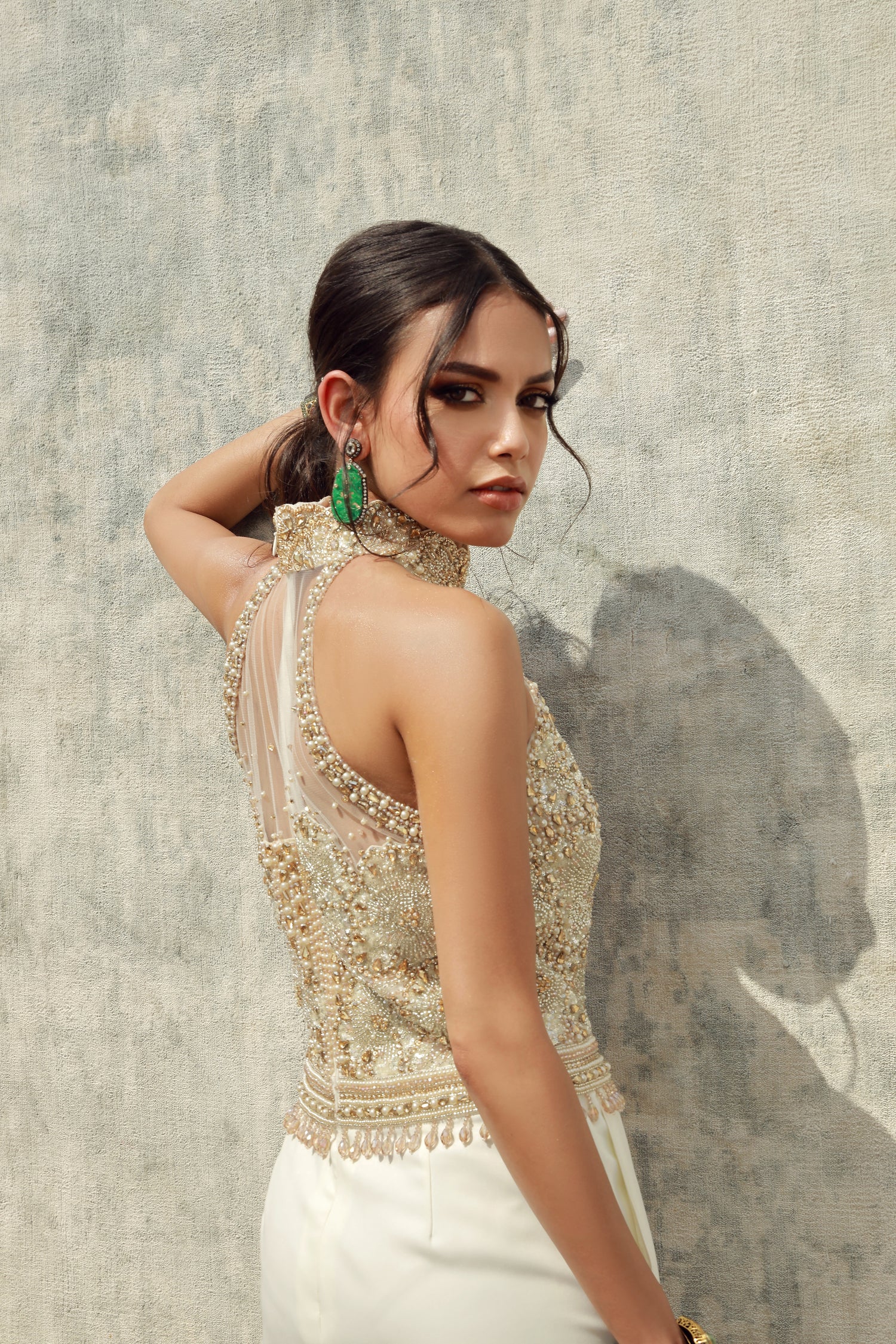 Cream high collar topaz and silver Swarovski crystal jumpsuit