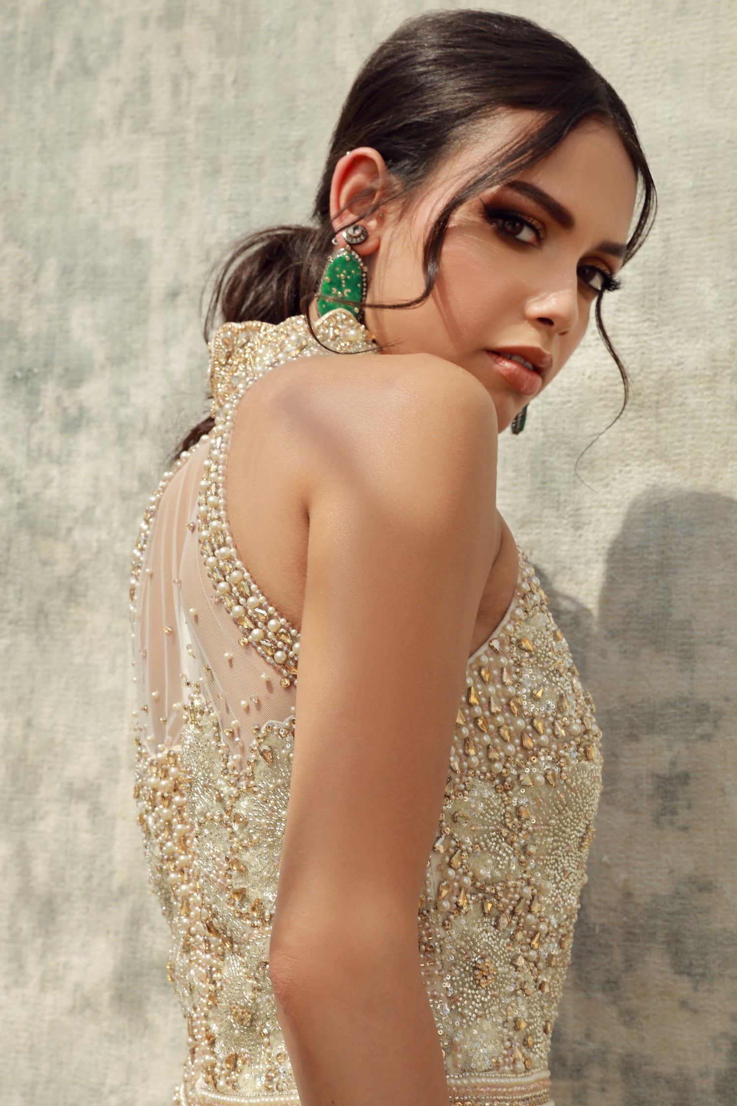 Cream high collar topaz and silver Swarovski crystal jumpsuit