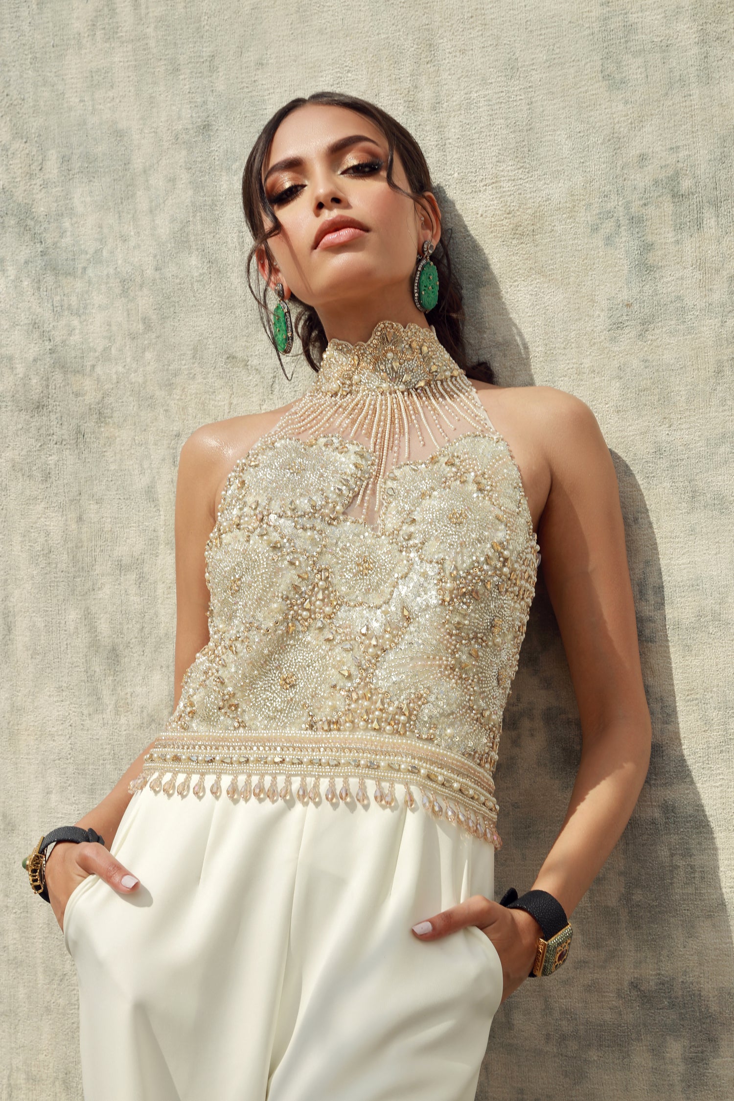 Cream high collar topaz and silver Swarovski crystal jumpsuit