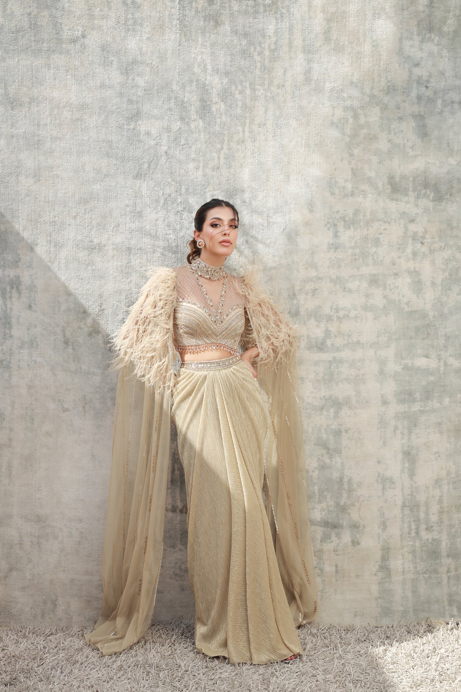 Feather Cape Knot Skirt Concept Saree