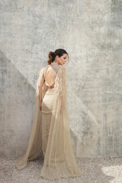 Feather Cape Knot Skirt Concept Saree