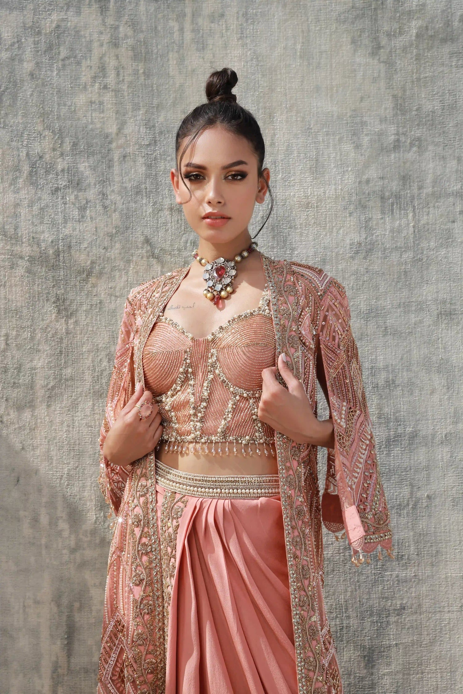 Salmon Cutwork jacket bustier and knot skirt