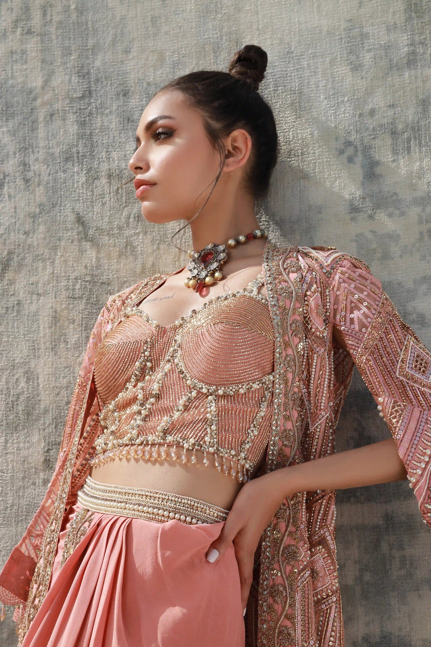 Salmon Cutwork jacket bustier and knot skirt