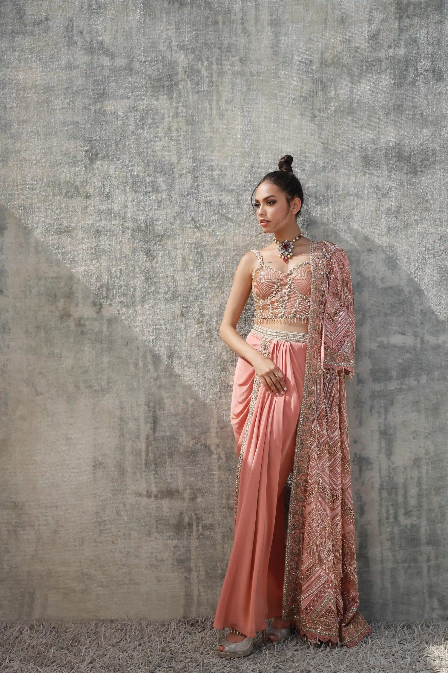 Salmon Cutwork jacket bustier and knot skirt