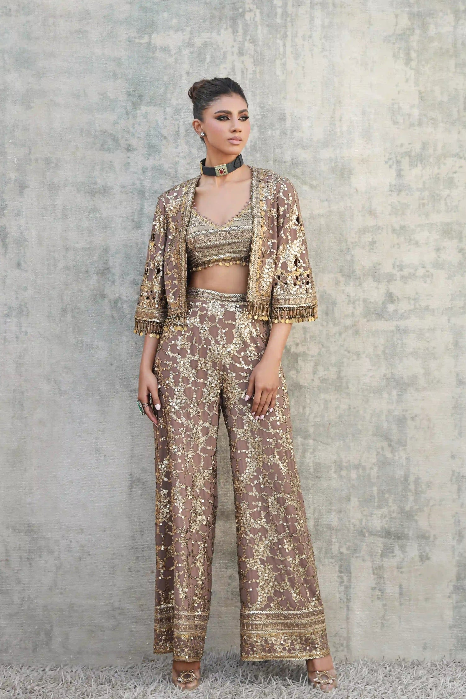 Bronze / gold pant set with an antique gold work bustier