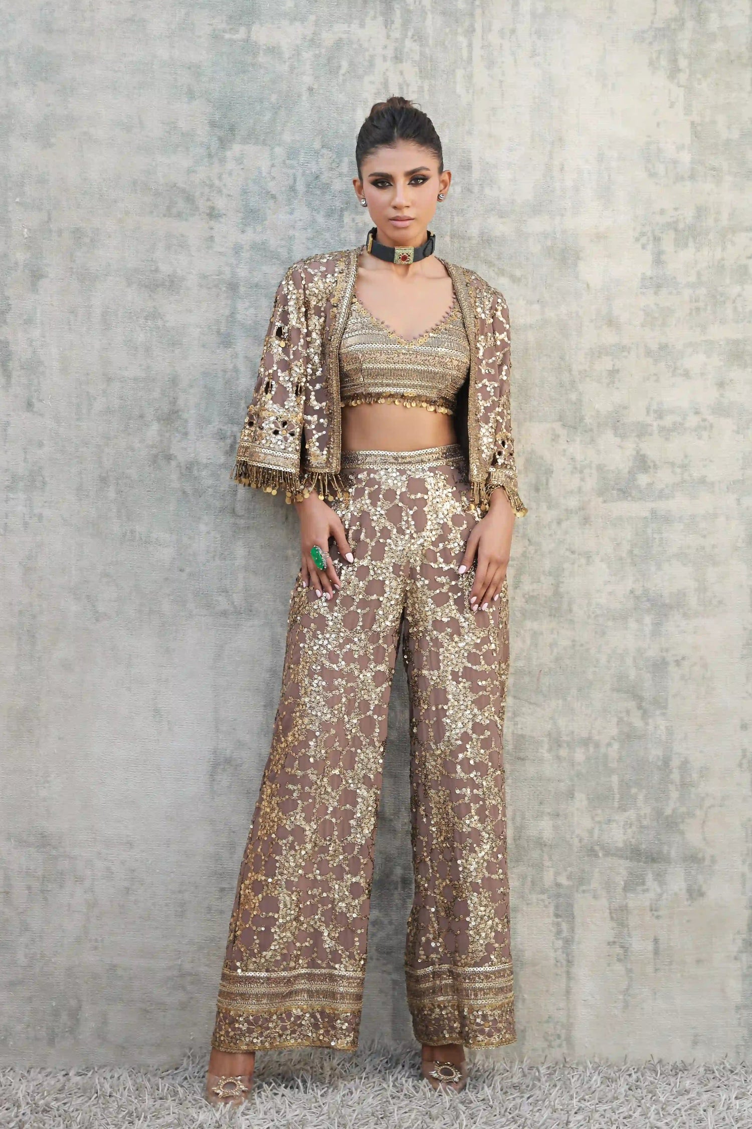 Bronze / gold pant set with an antique gold work bustier