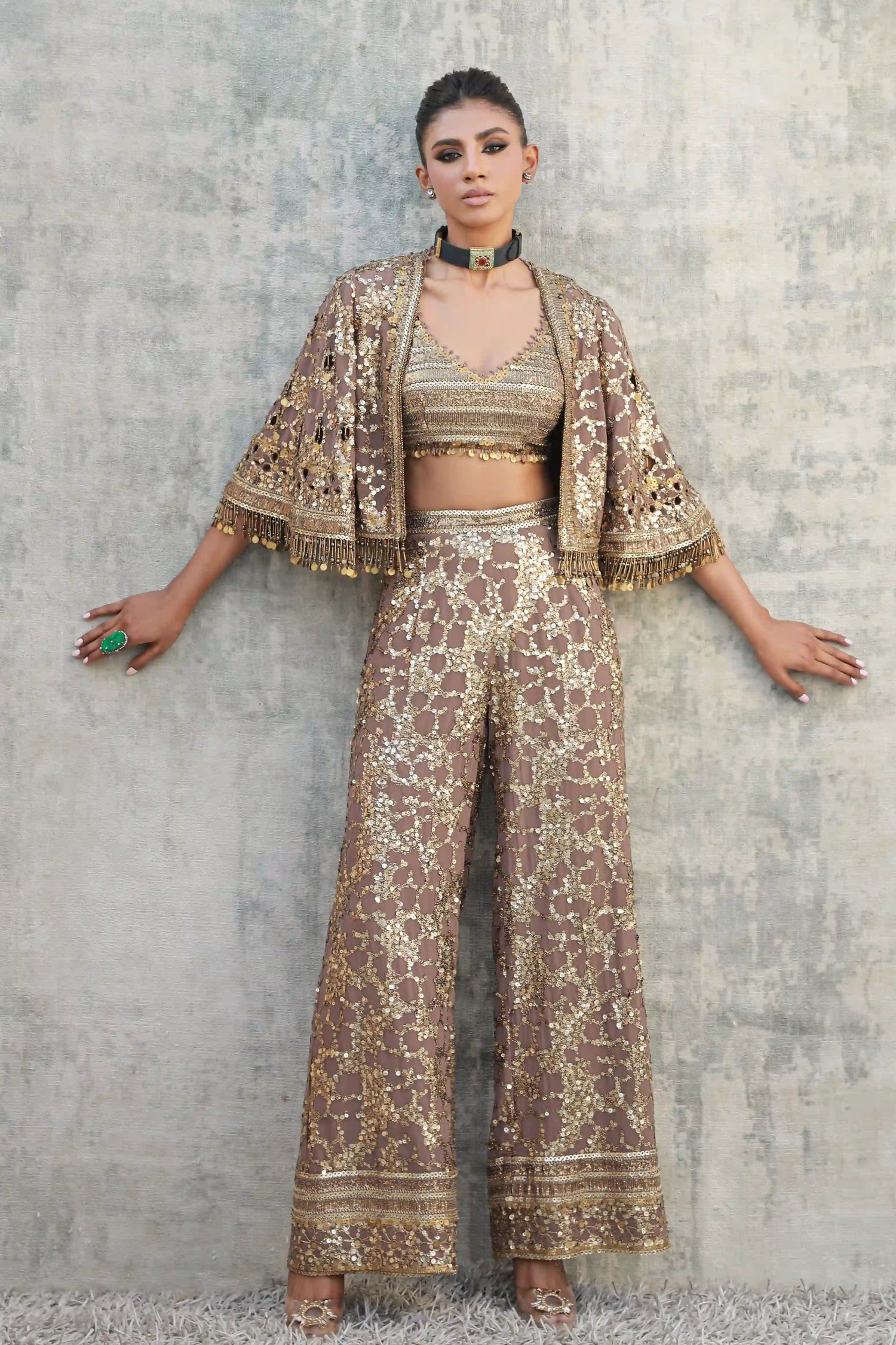 Bronze / gold pant set with an antique gold work bustier