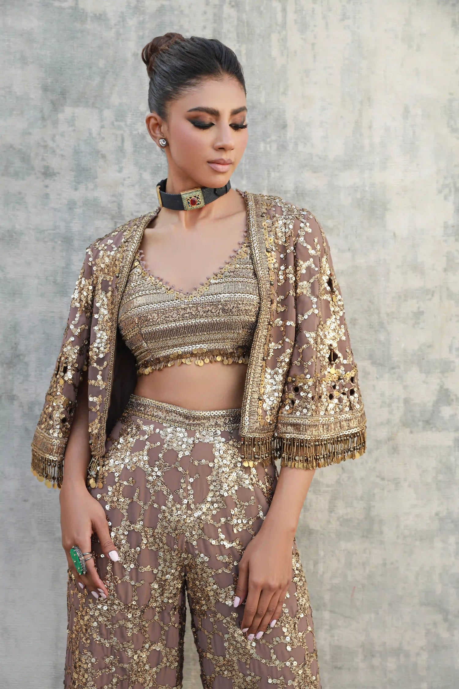 Bronze / gold pant set with an antique gold work bustier