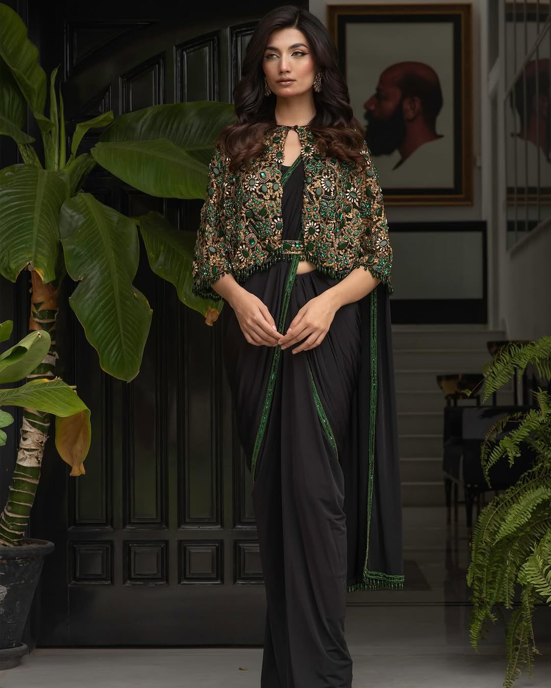 Black Saree with Emerald/Gold Cape
