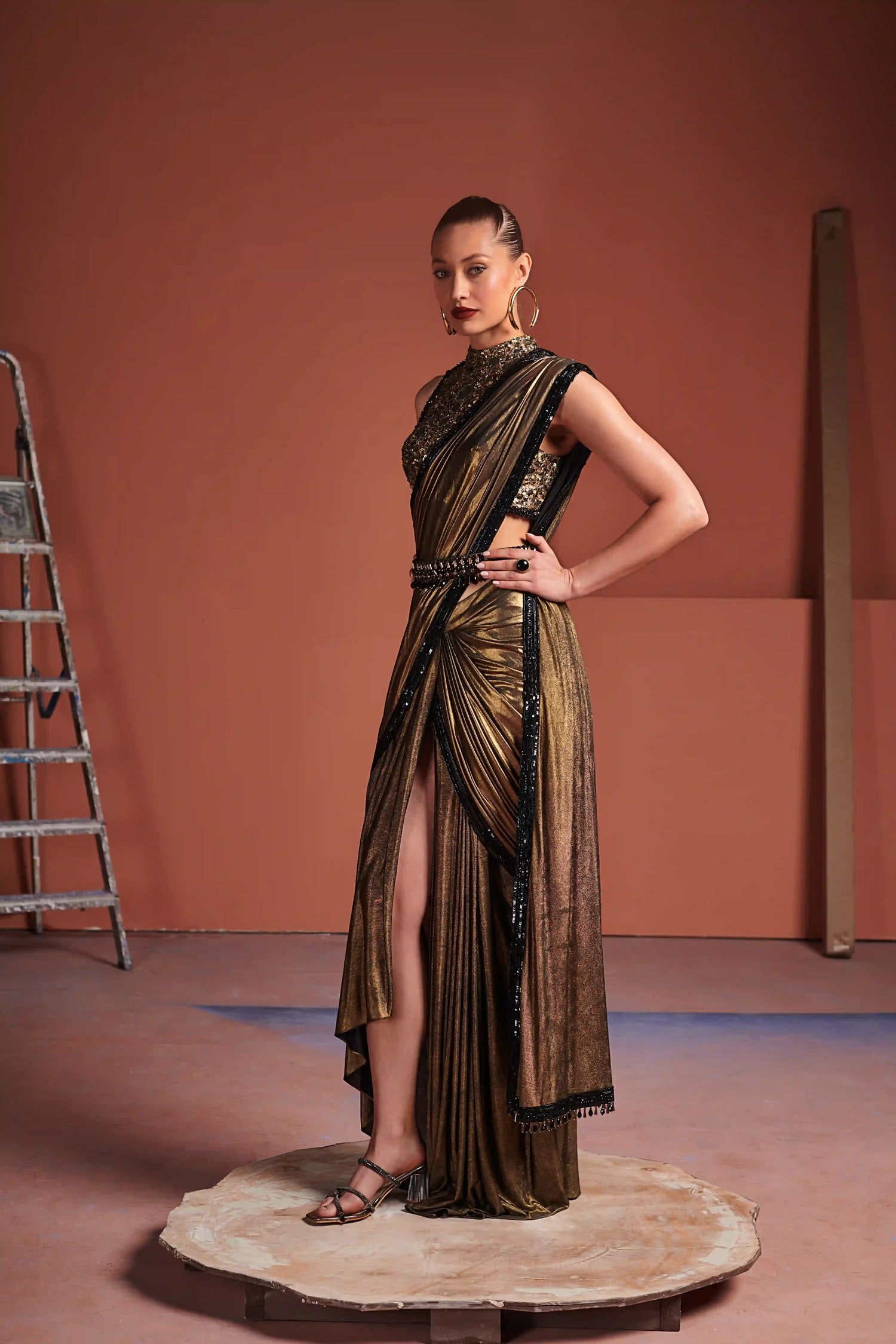 Gold Halter Blouse Saree