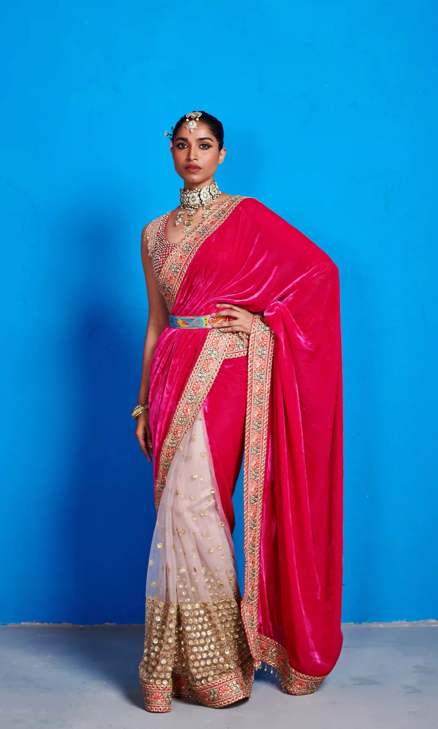 Pink Velvet Saree