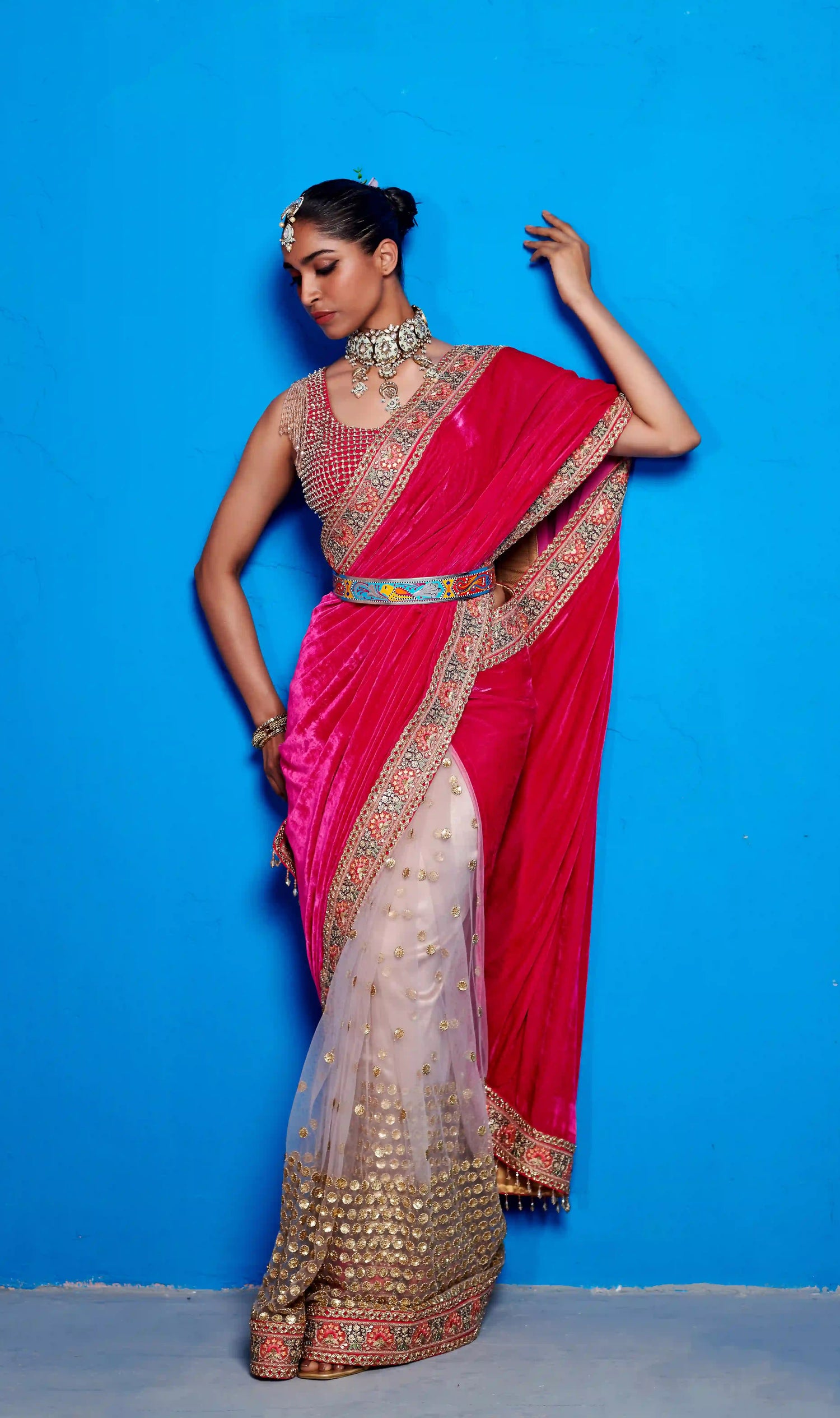 Pink Velvet Saree
