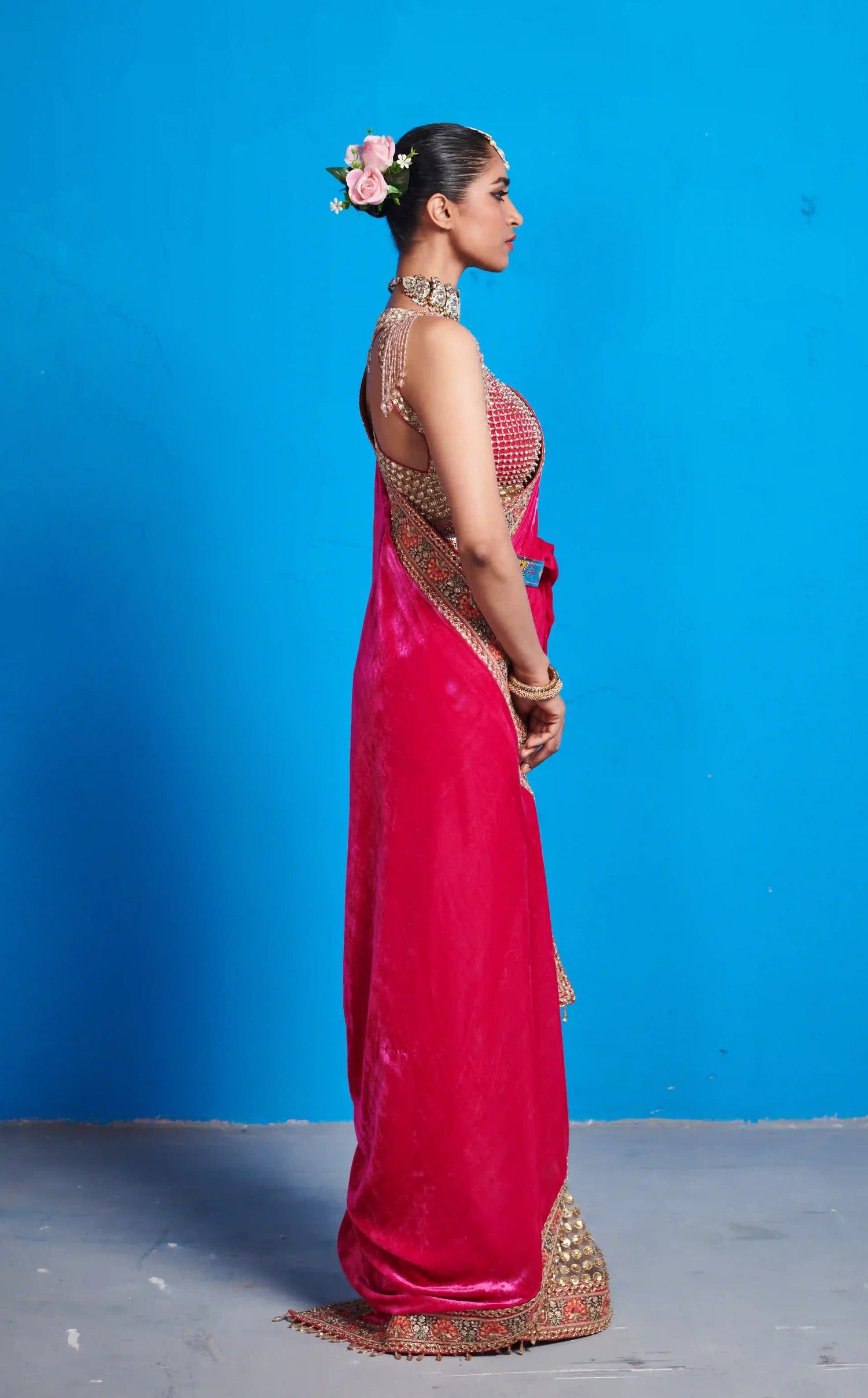 Pink Velvet Saree