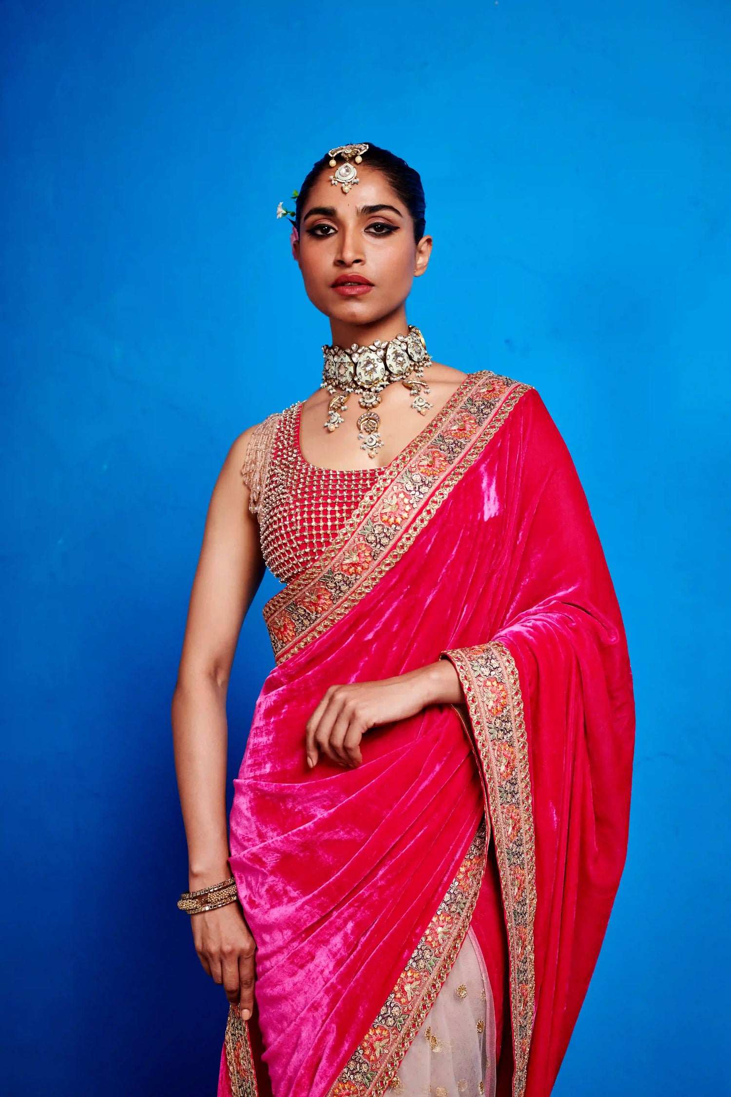 Pink Velvet Saree