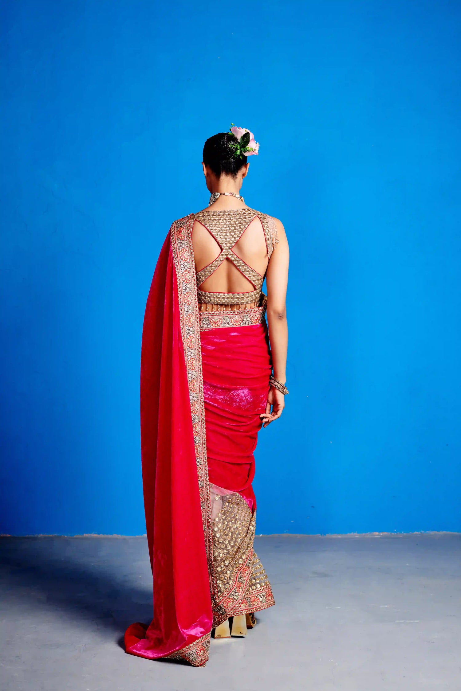 Pink Velvet Saree