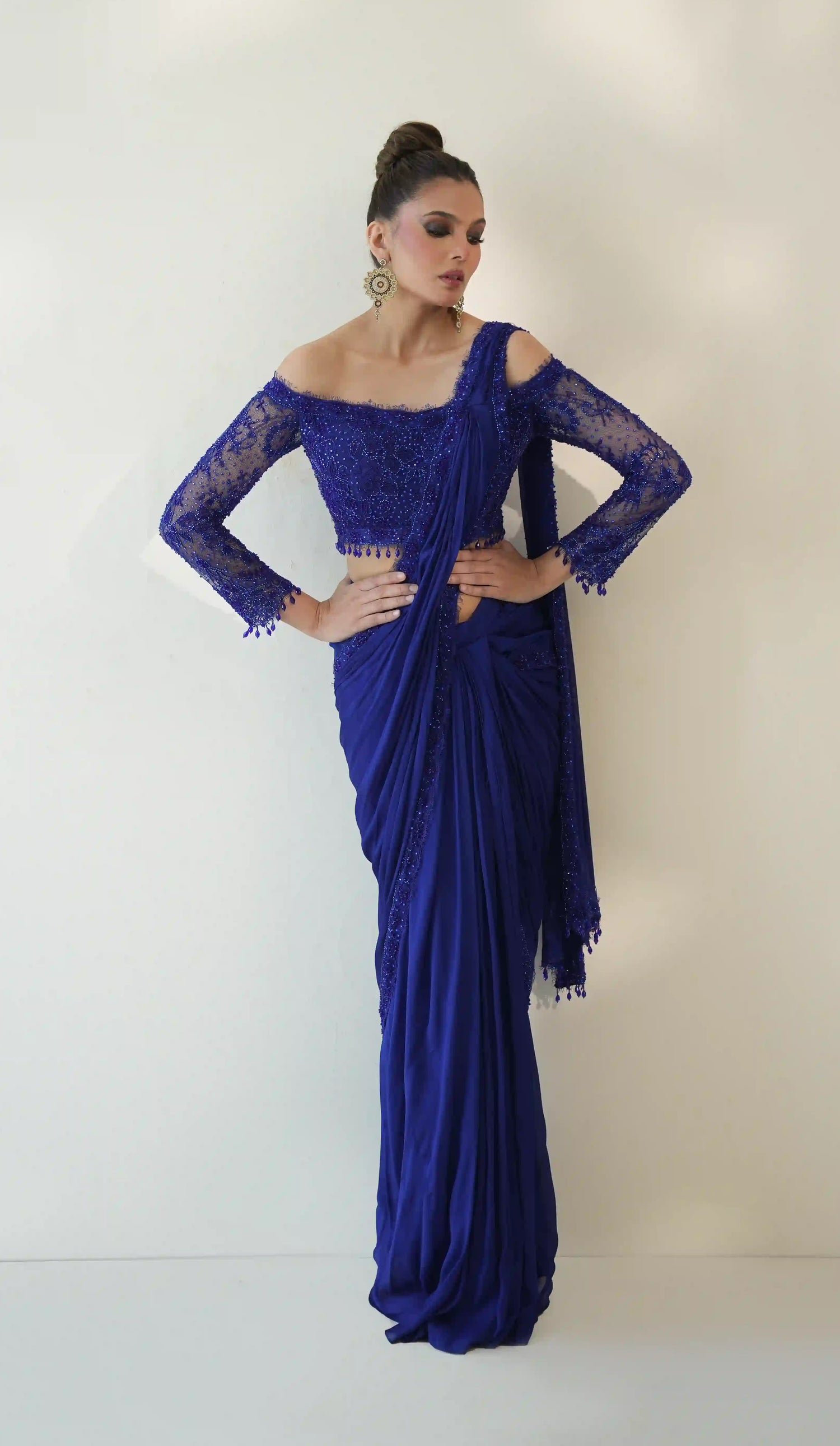 Blue Off shoulder Lace Blouse Saree