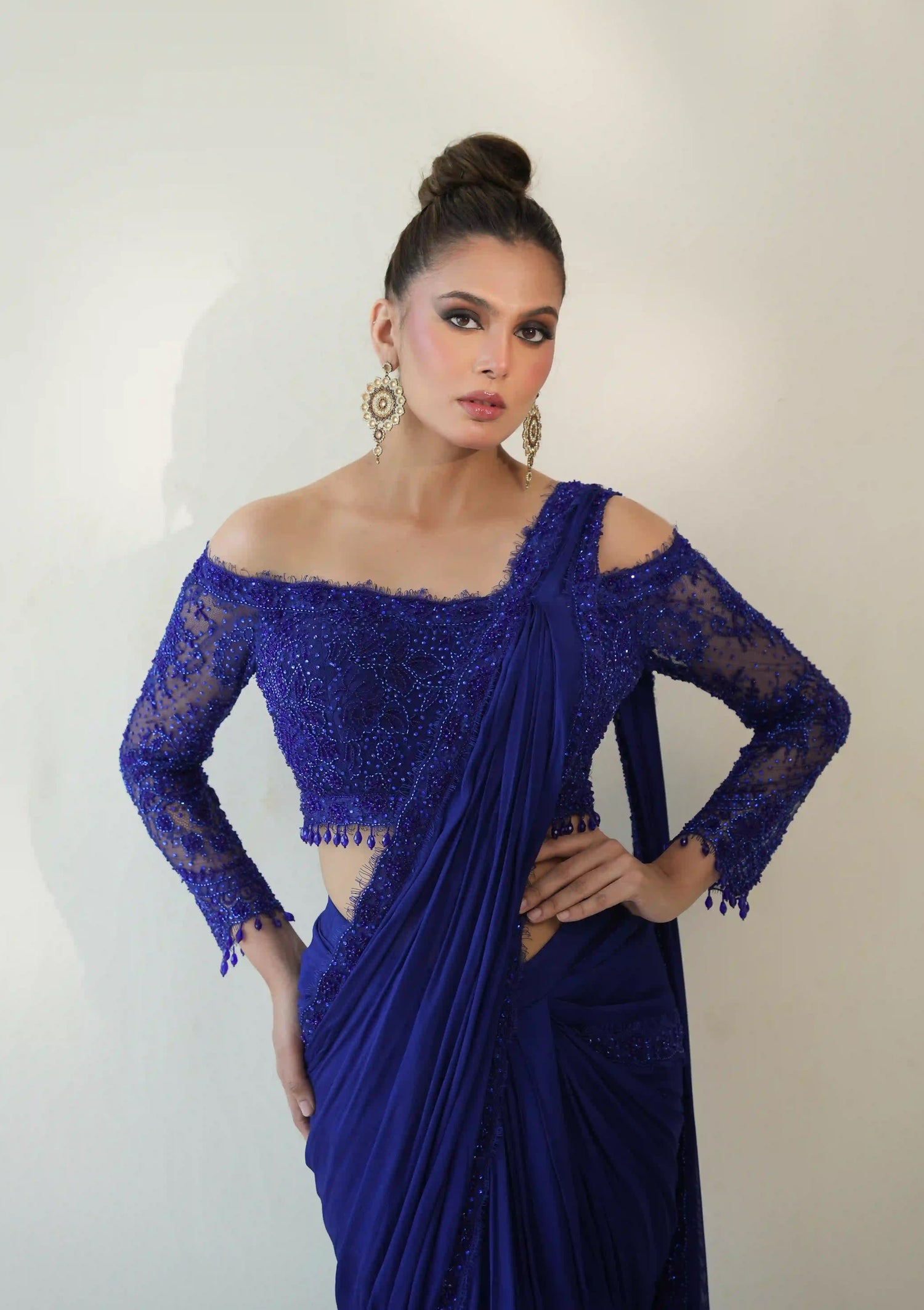 Blue Off shoulder Lace Blouse Saree