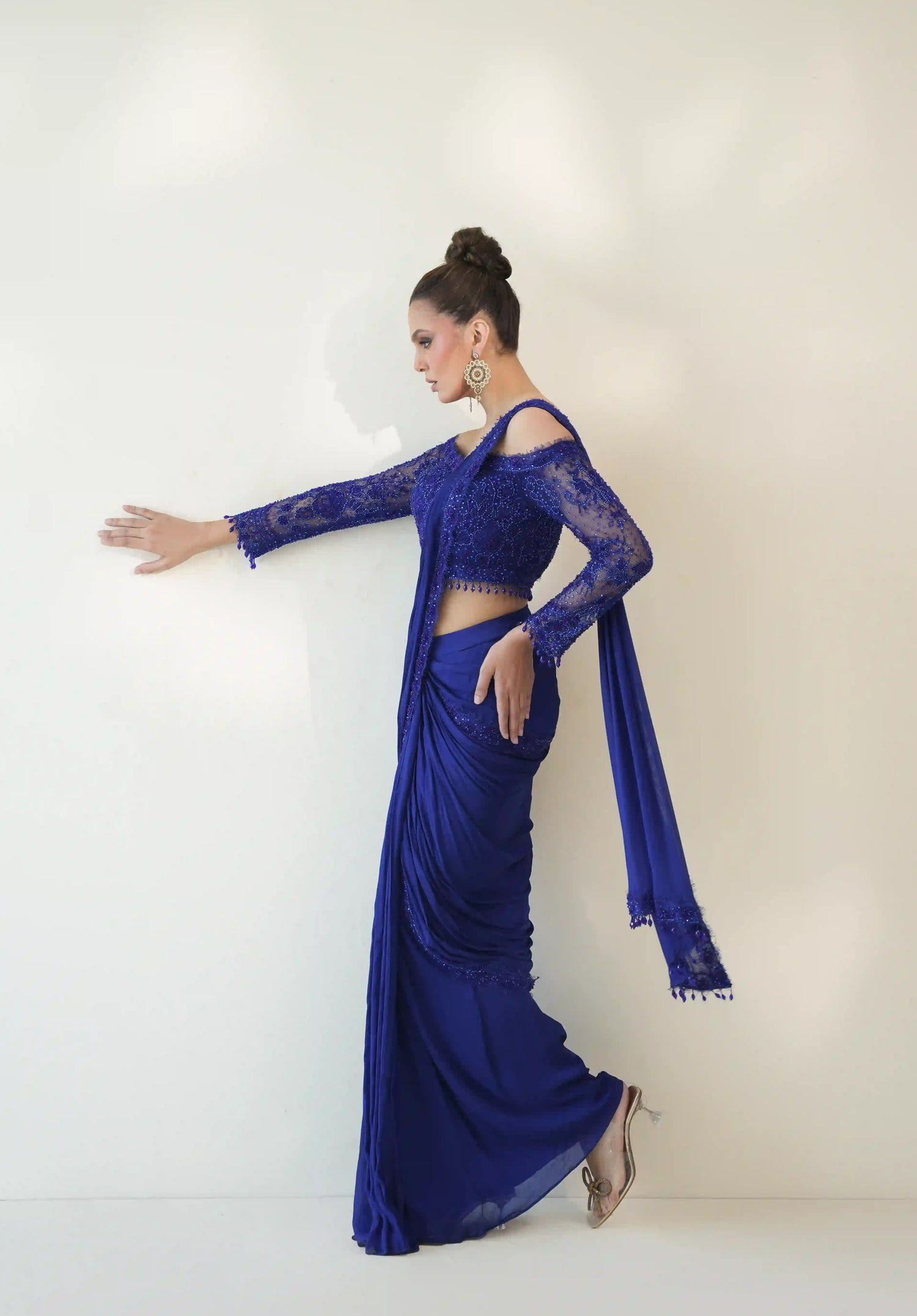 Blue Off shoulder Lace Blouse Saree