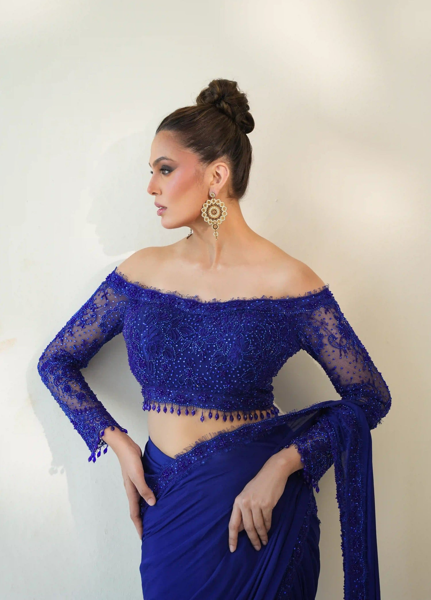 Blue Off shoulder Lace Blouse Saree