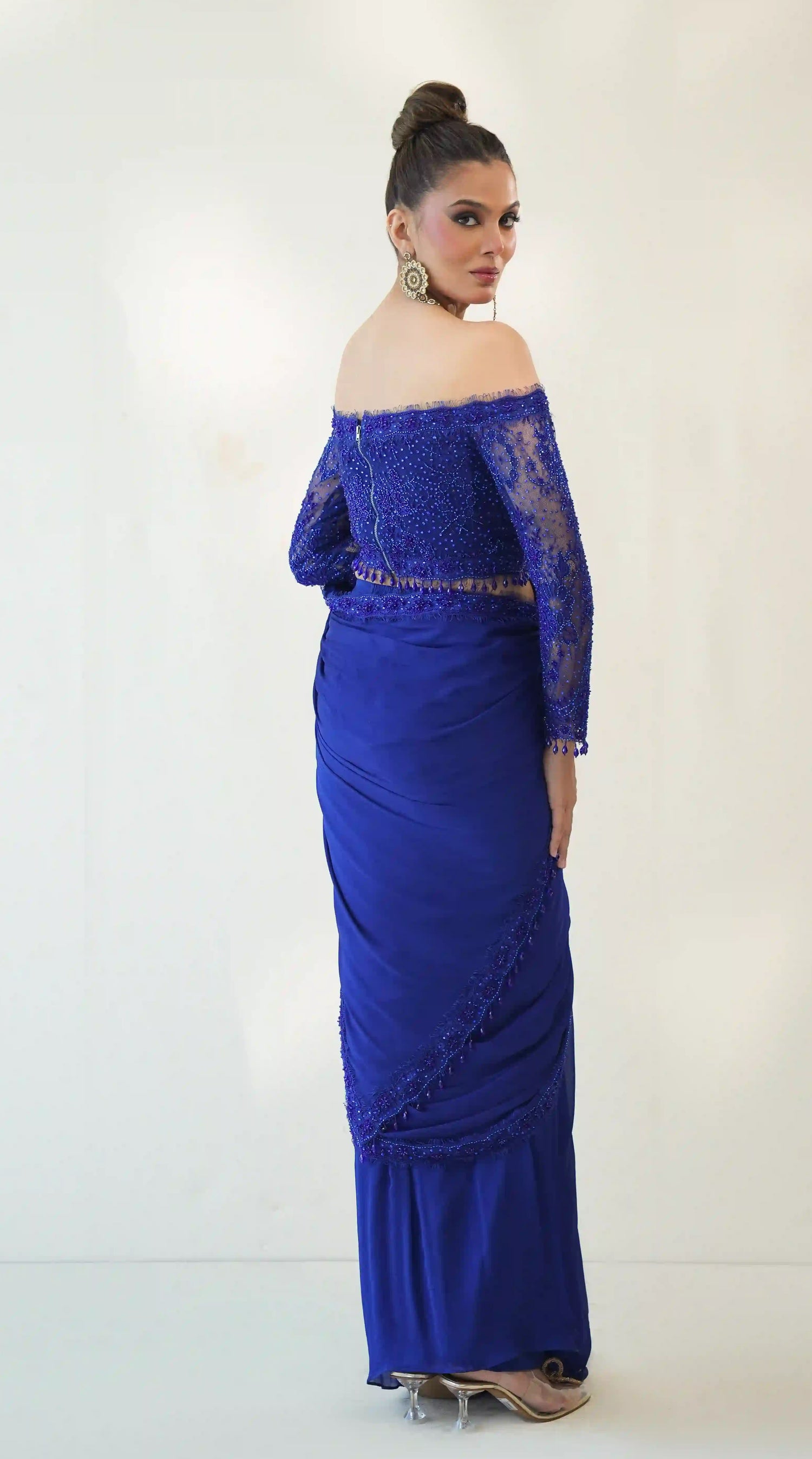 Blue Off shoulder Lace Blouse Saree