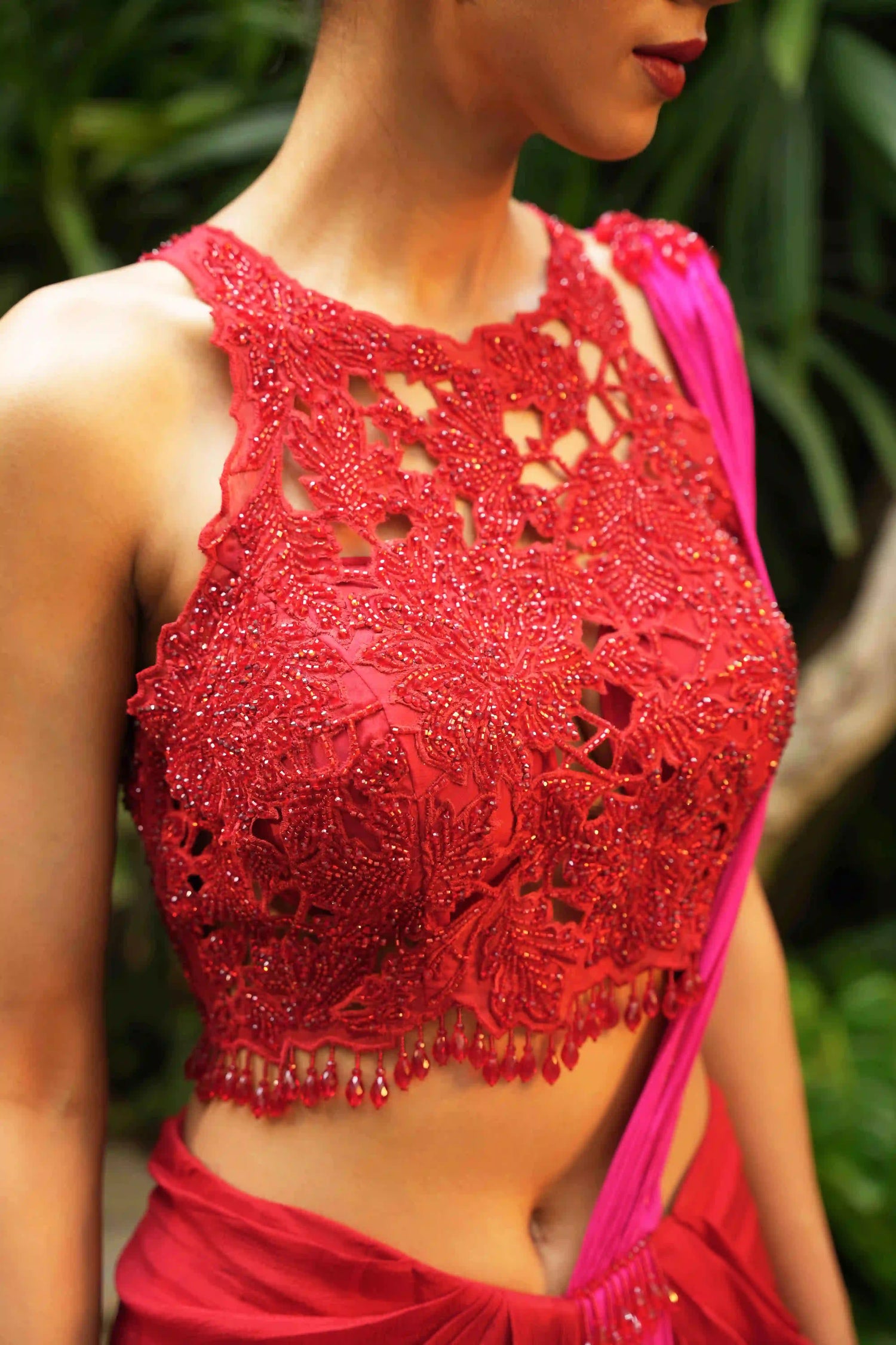 Red/Fuchsia Cutwork Blouse Saree