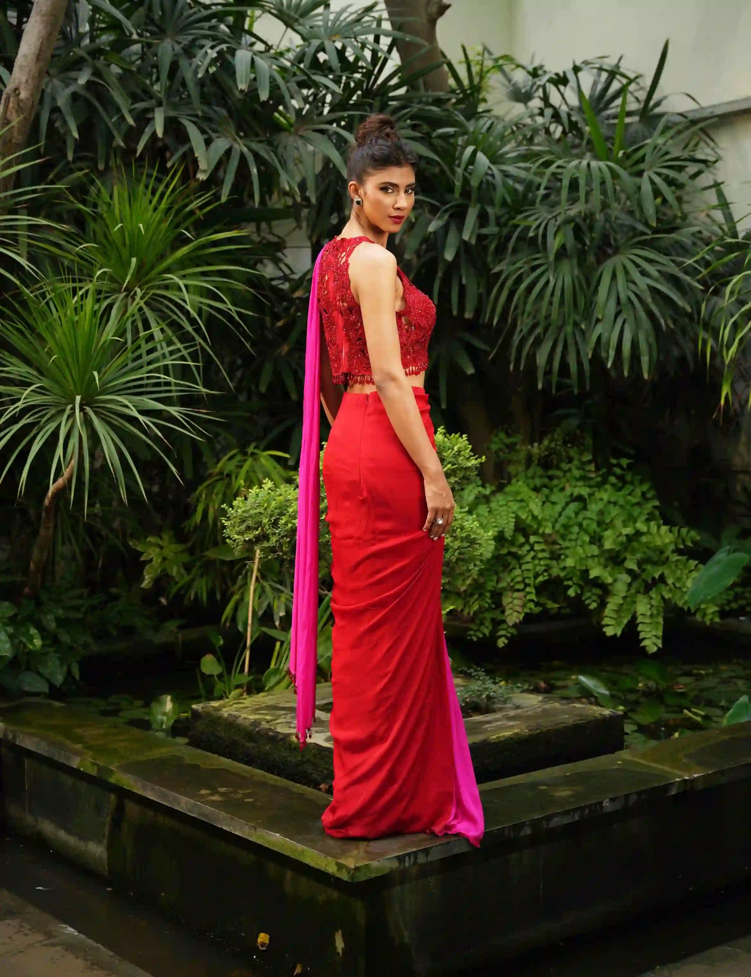 Red/Fuchsia Cutwork Blouse Saree