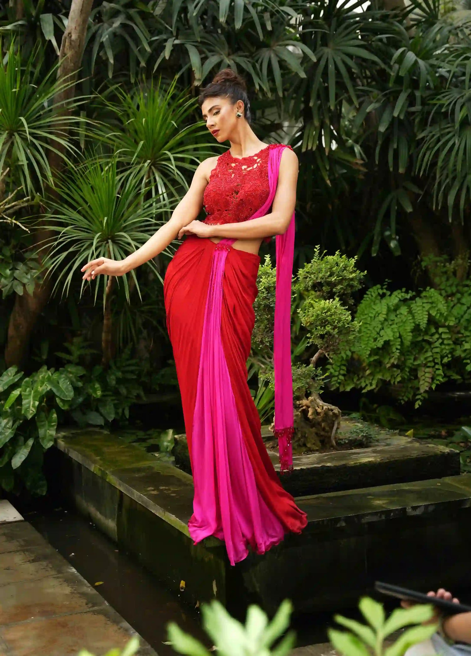 Red/Fuchsia Cutwork Blouse Saree