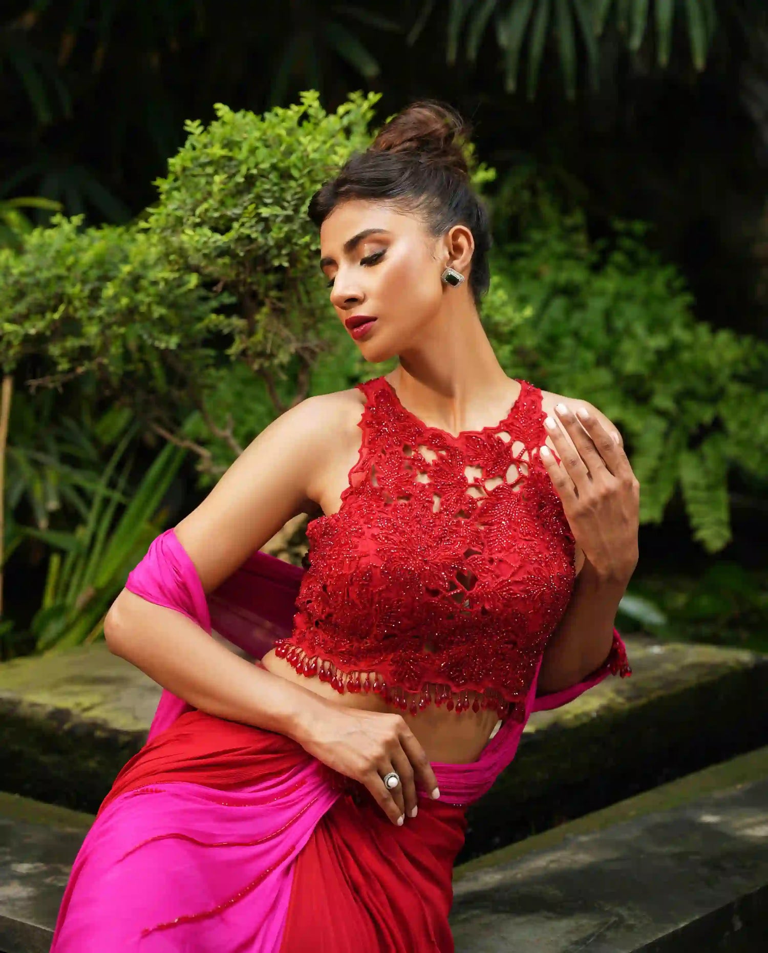 Red/Fuchsia Cutwork Blouse Saree