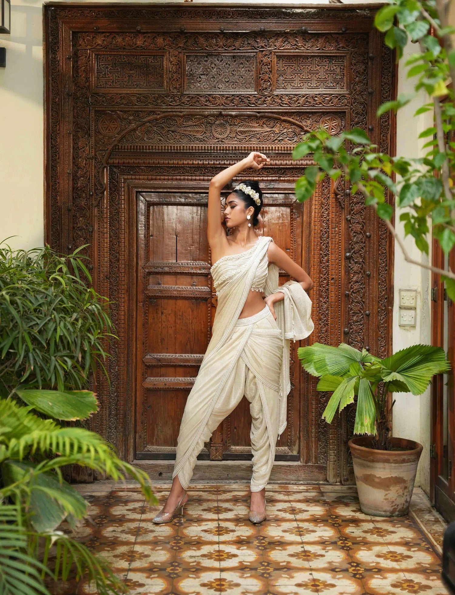 One Shoulder Pearl Blouse with Dhoti Saree