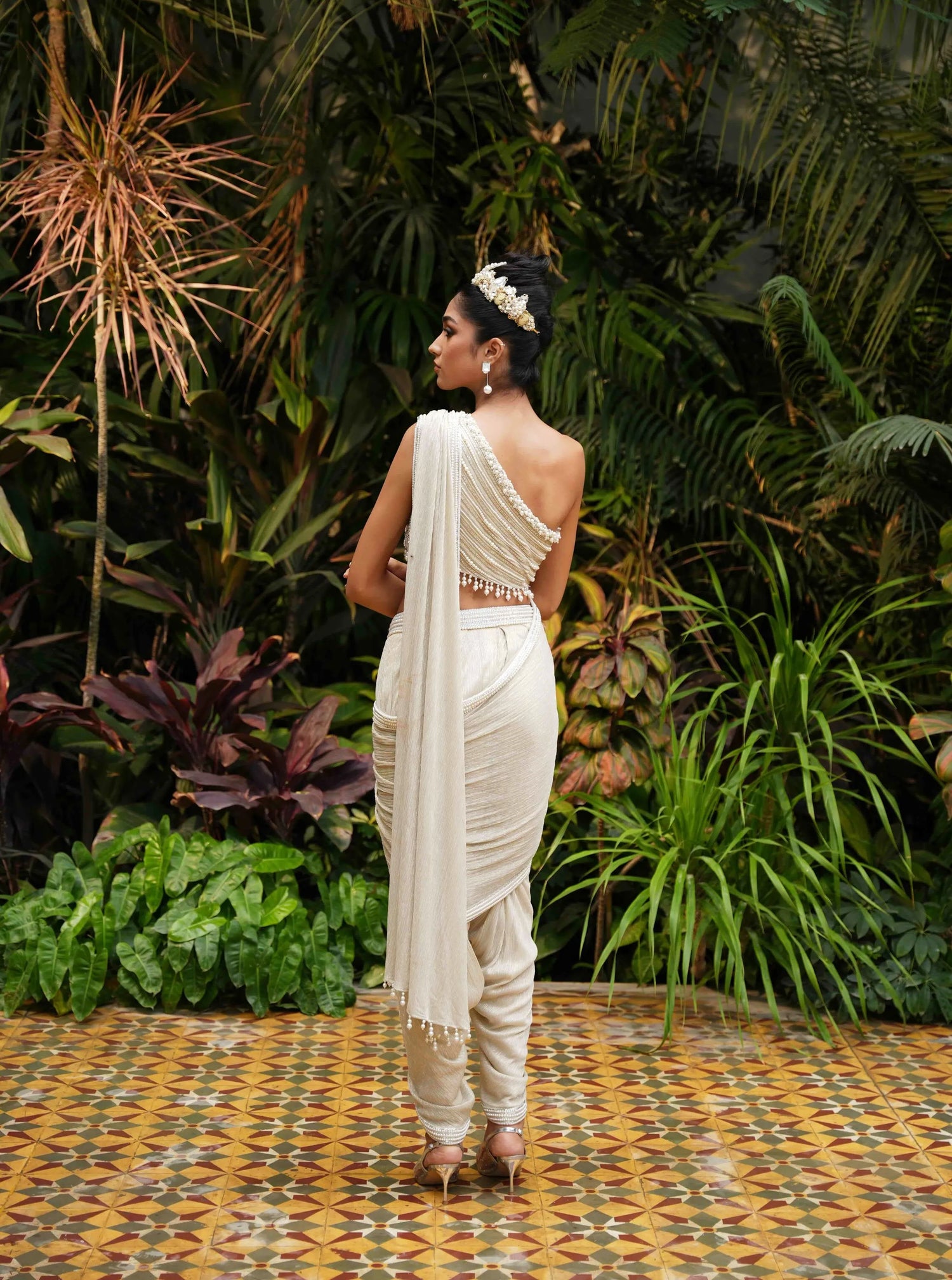 One Shoulder Pearl Blouse with Dhoti Saree