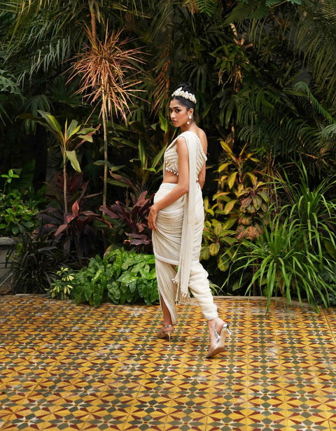 One Shoulder Pearl Blouse with Dhoti Saree