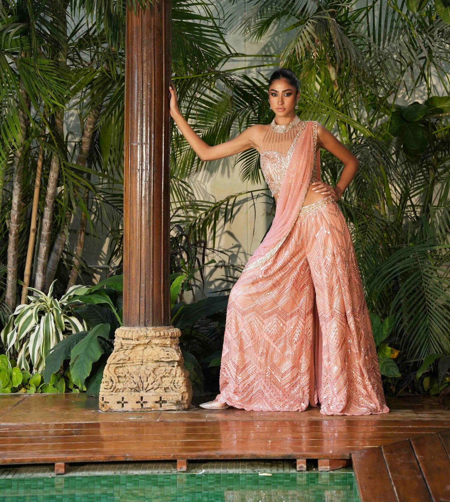 Salmon Cutwork Pant Saree