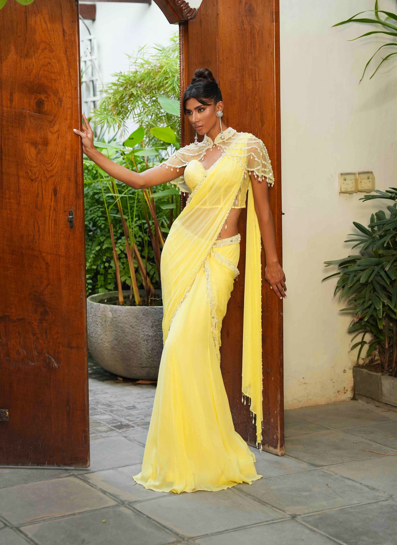 Yellow Bow Saree with cape