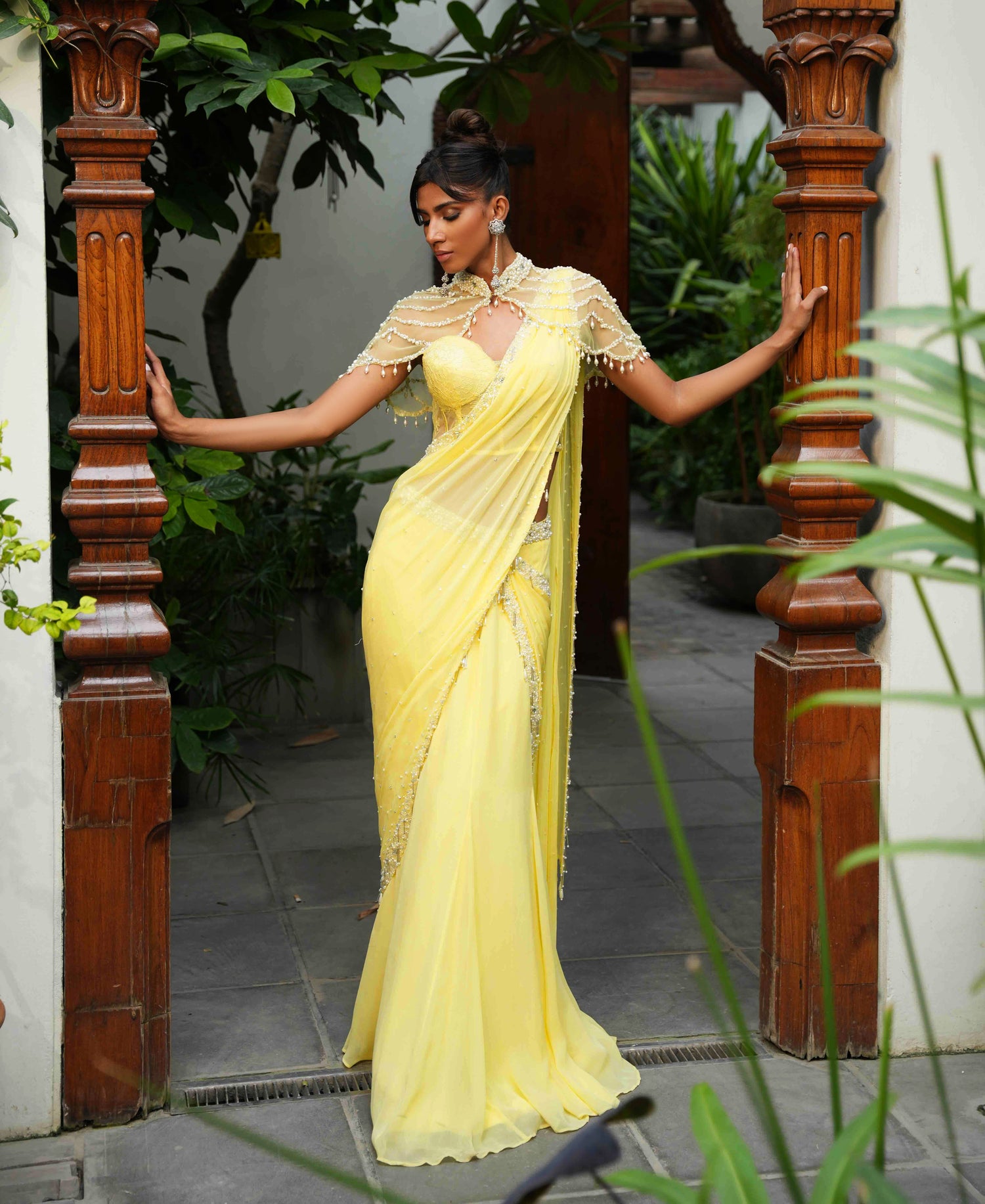 Yellow Bow Saree with cape