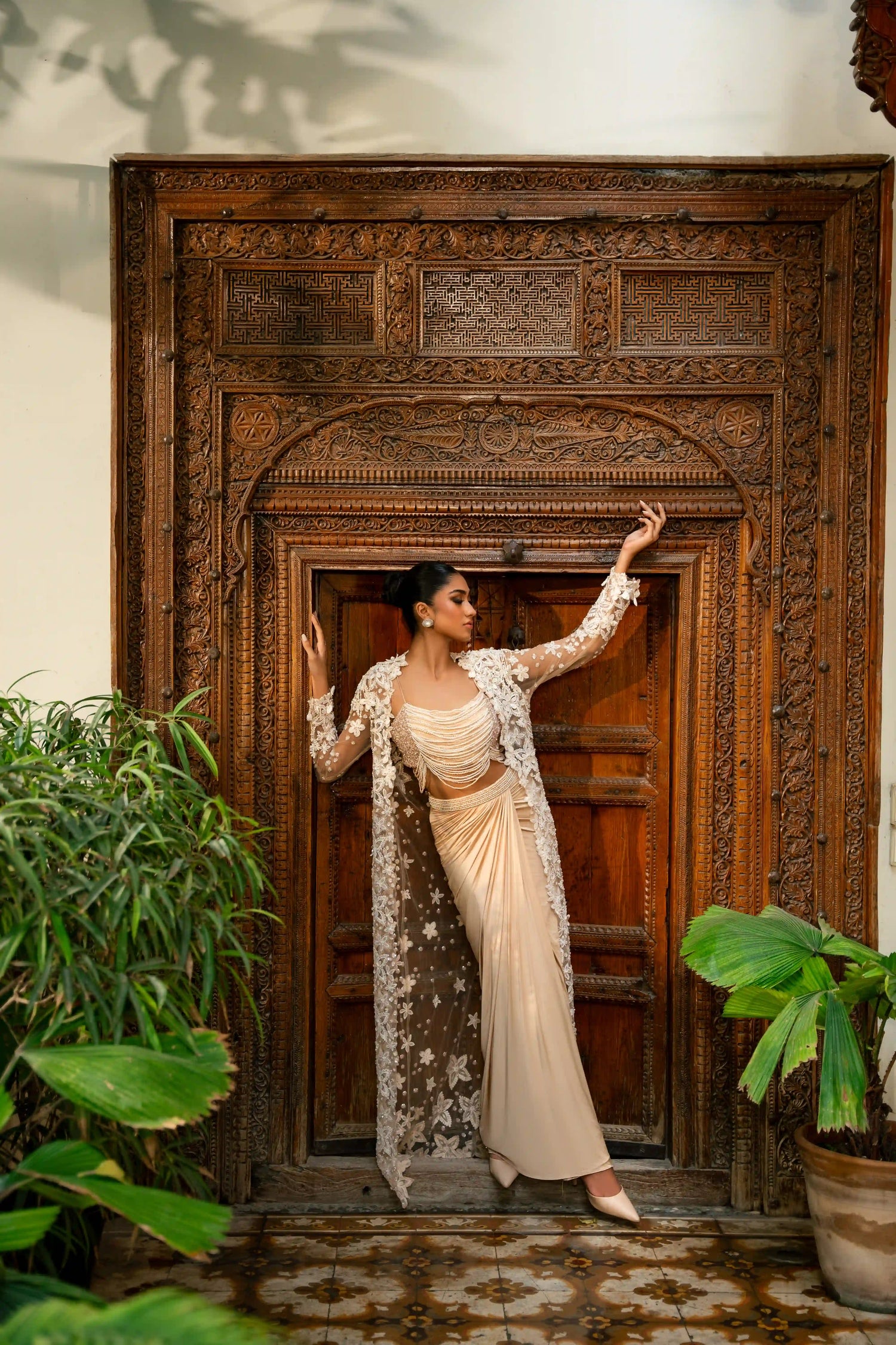 Pearl string bustier and knot skirt set