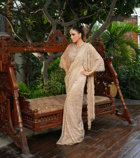 Gold Chantilly Lace Butterfly Sleeve Saree