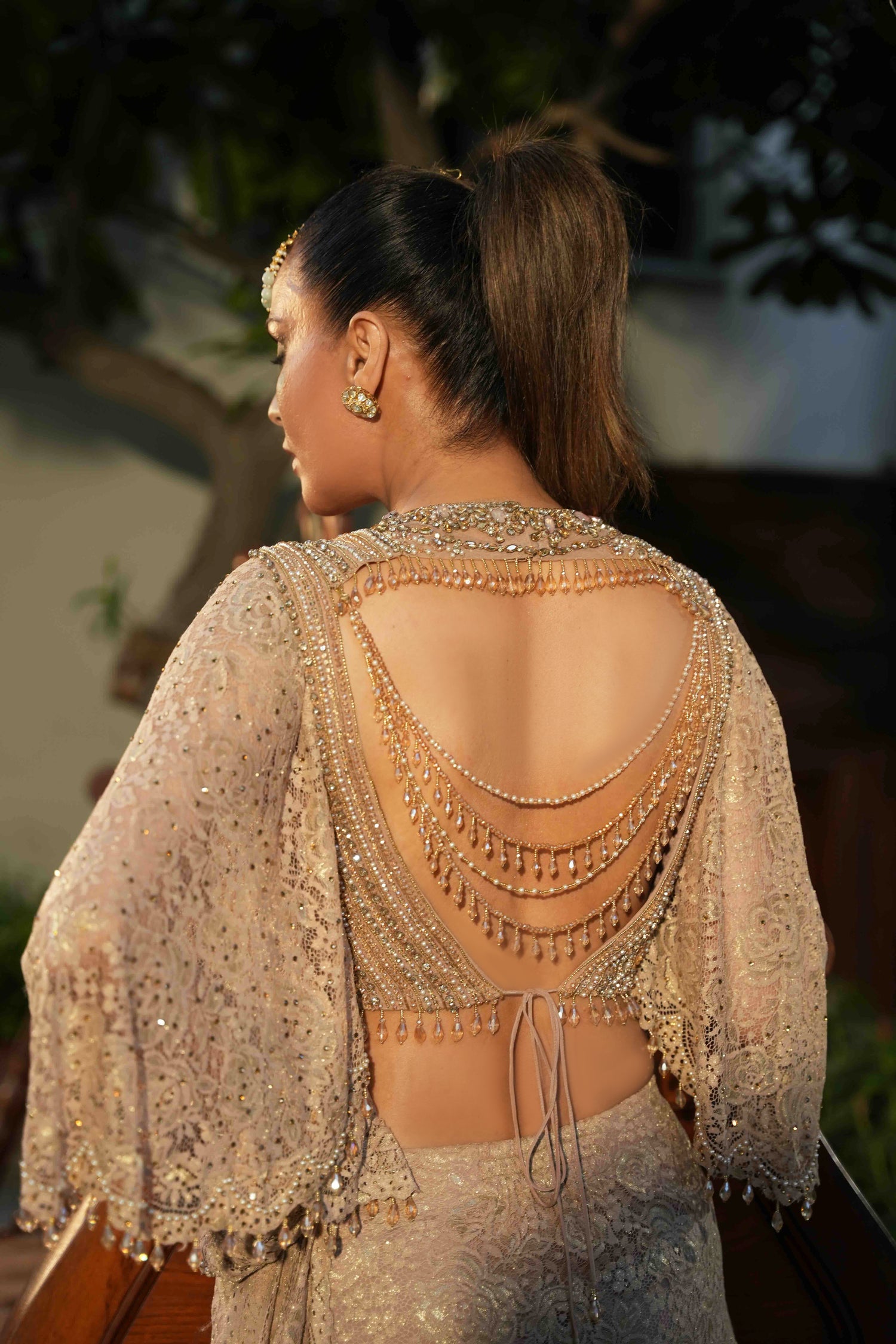 Gold Chantilly Lace Butterfly Sleeve Saree
