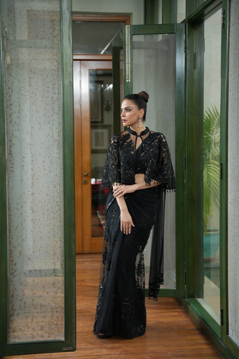 Black Embellished Cape Saree