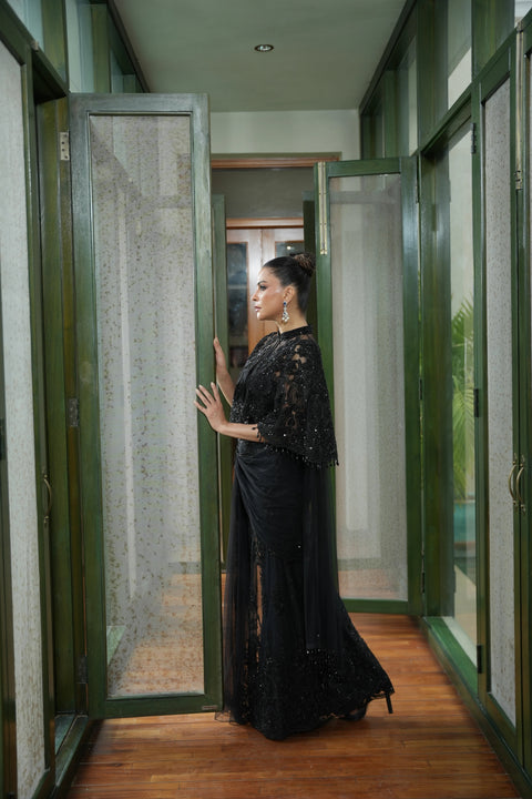 Black Embellished Cape Saree