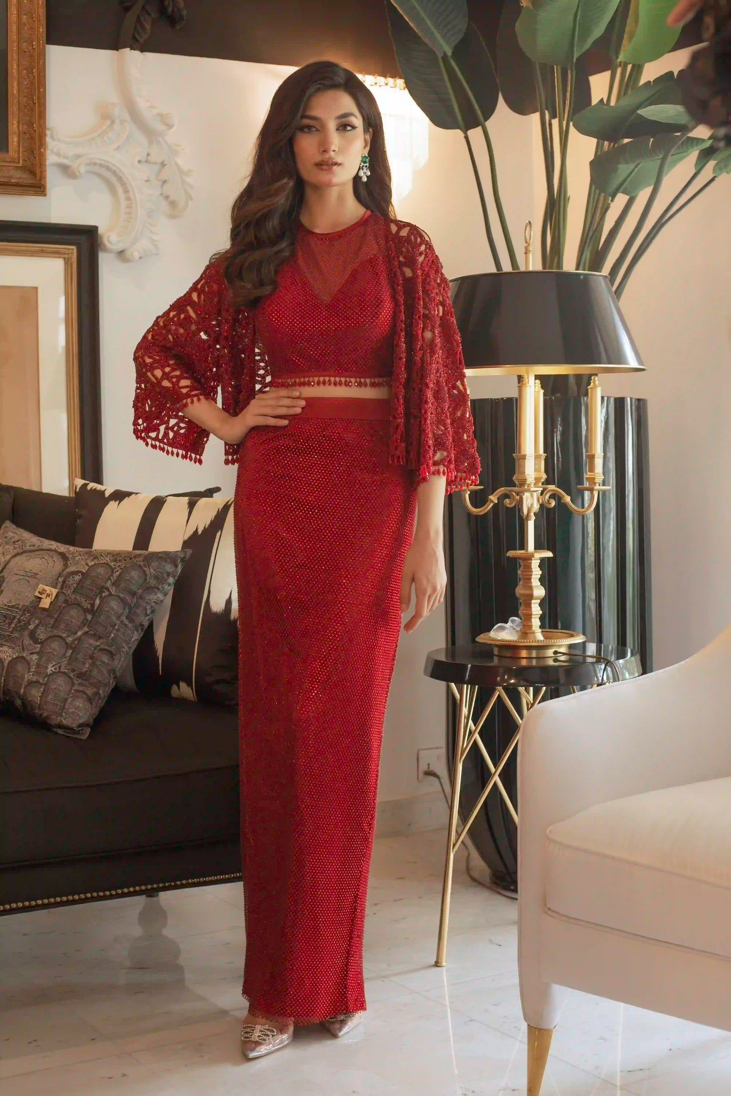 Cutwork jacket and crystal sheathing pencil skirt and top